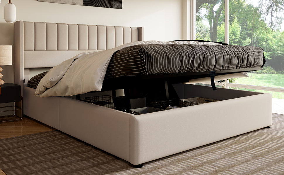 Logidon opbergbed gestoffeerd bed hydraulisch 140x200 beige linnen
