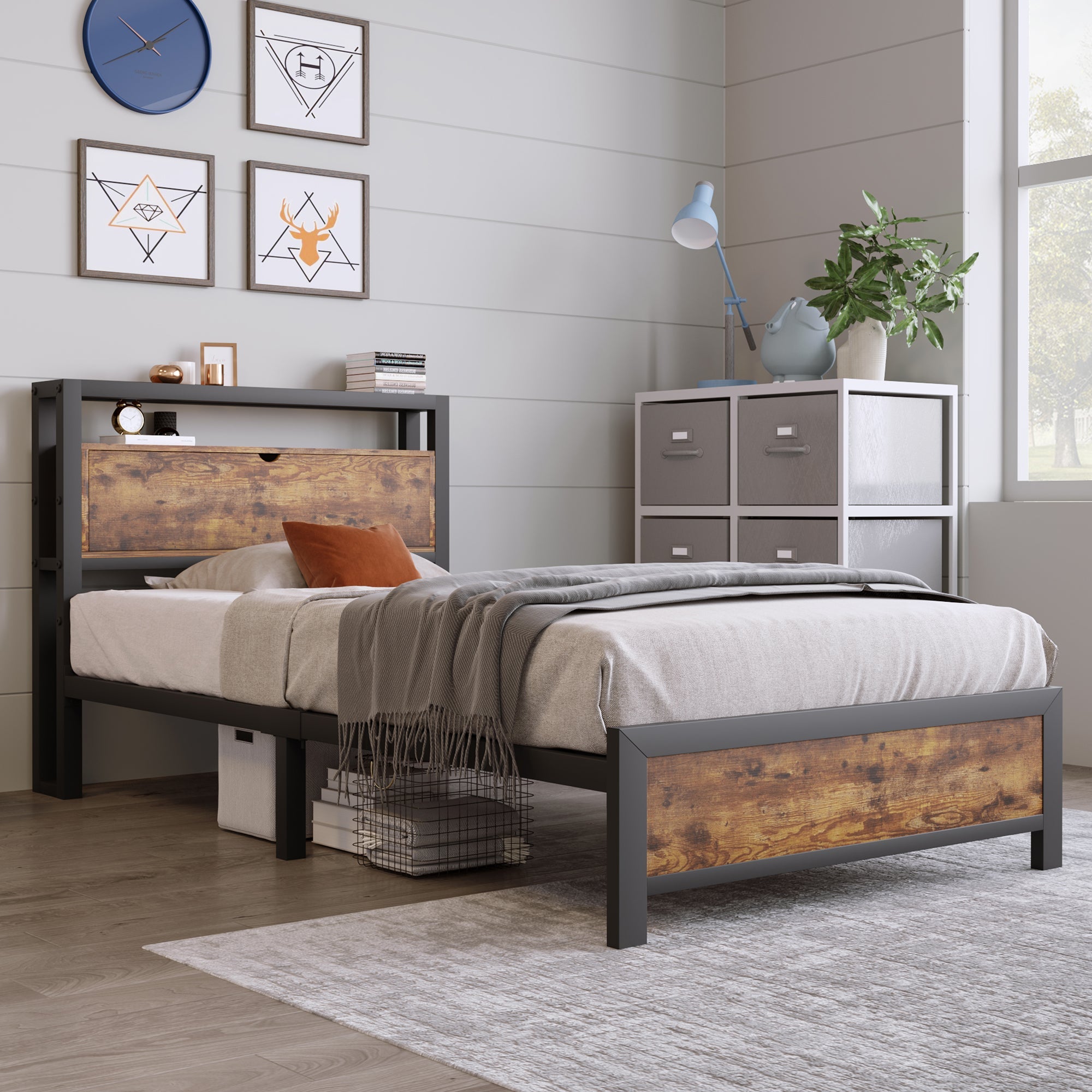 Logidon metalen bed 90x200 bruin met opbergruimte hoofdbord industrieel design