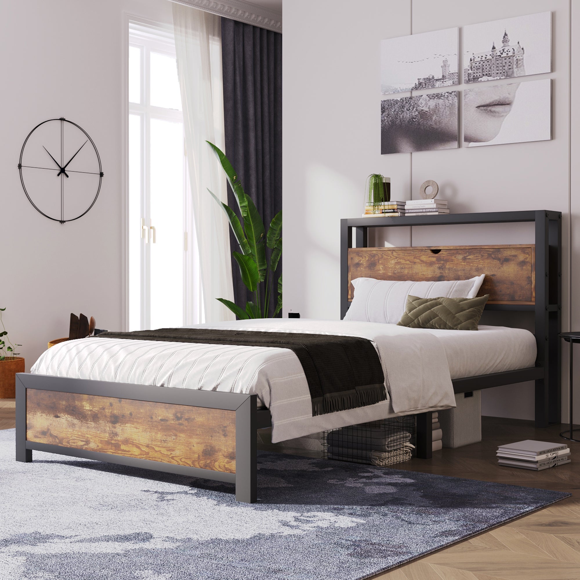 Logidon metalen bed 90x200 bruin met opbergruimte hoofdbord industrieel design