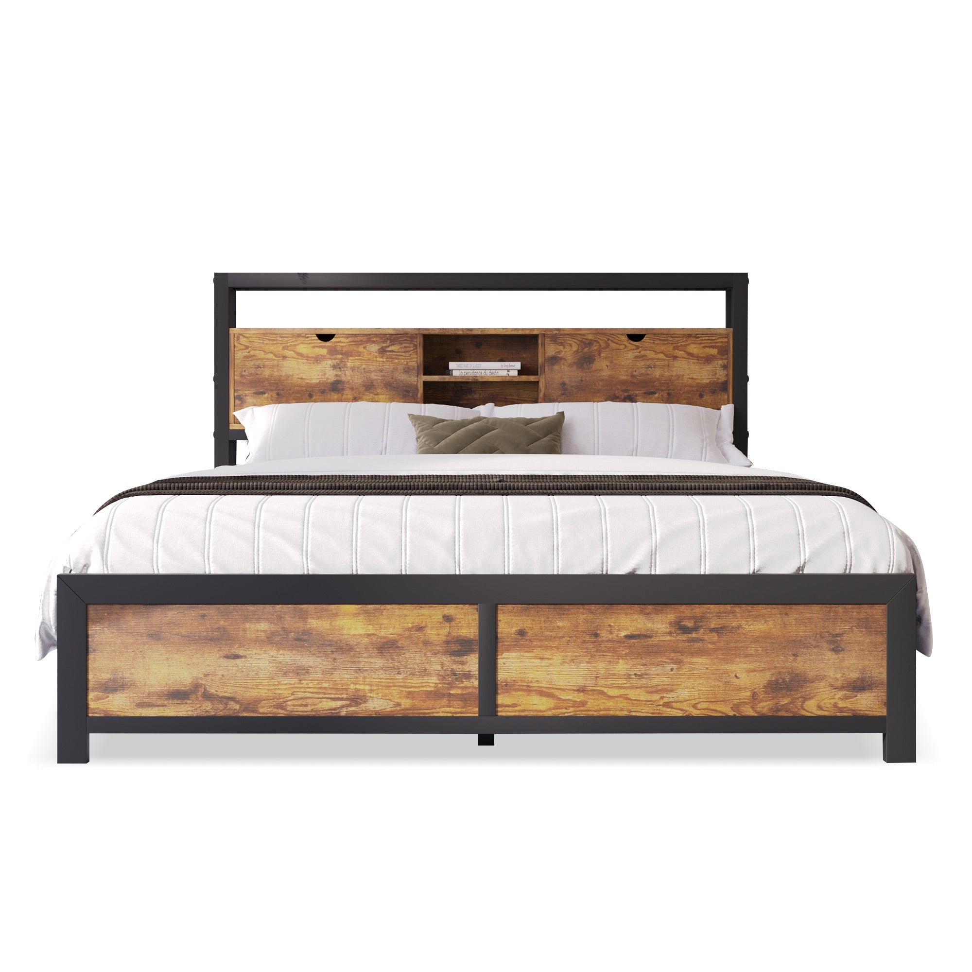 Logidon tweepersoonsbed 140x200 bruin hout metalen frame opbergruimte