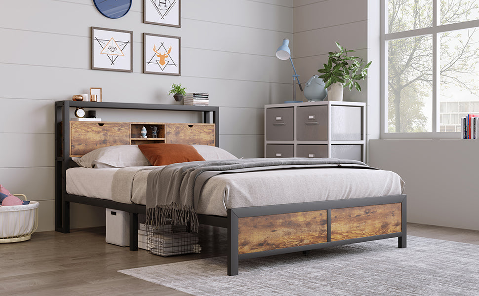 Logidon tweepersoonsbed 140x200 bruin hout metalen frame opbergruimte