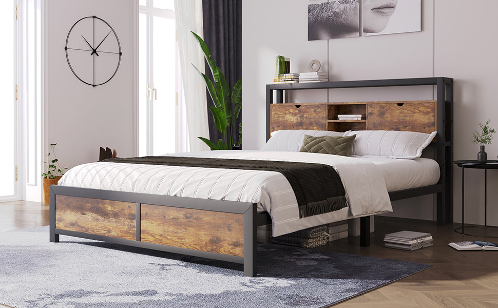 Logidon tweepersoonsbed 140x200 bruin hout metalen frame opbergruimte
