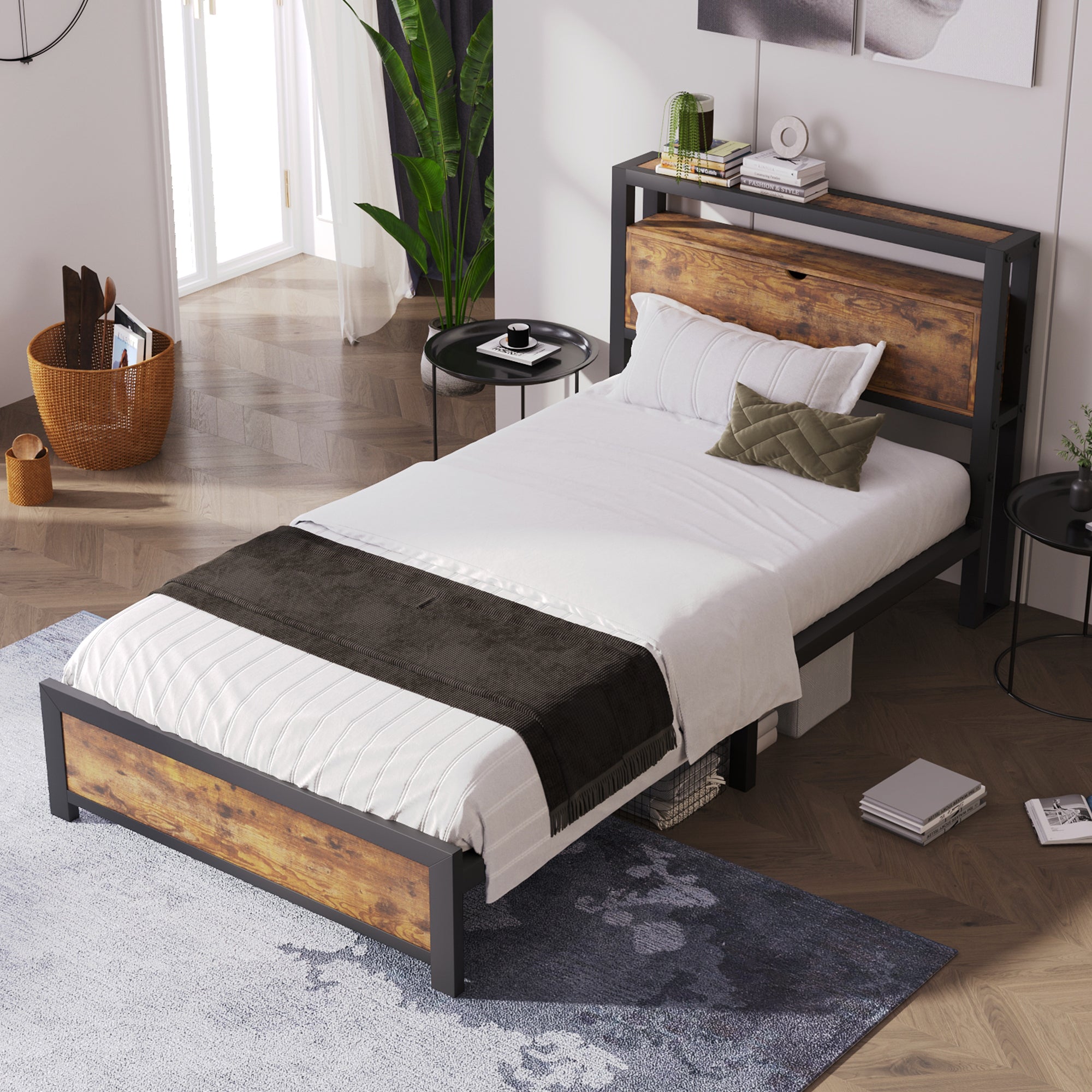 Logidon metalen bed 90x200 bruin met opbergruimte hoofdbord industrieel design