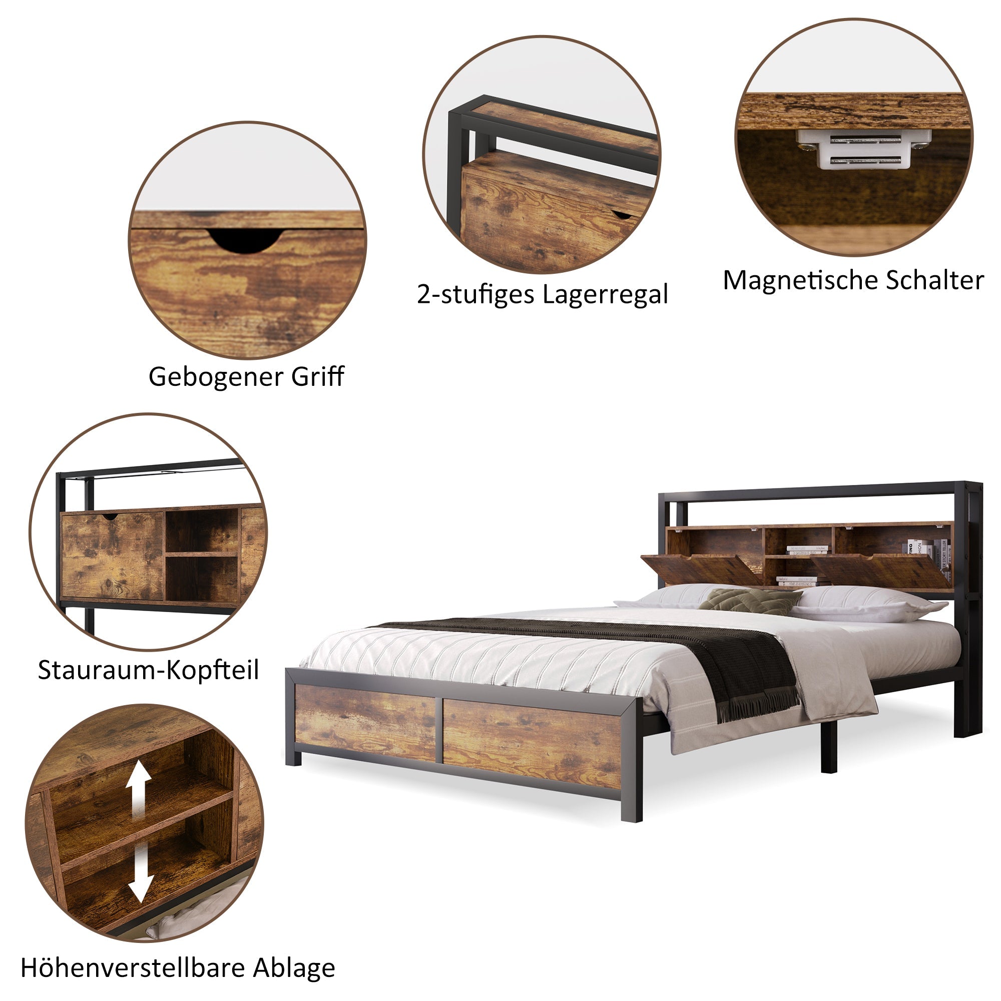 Logidon tweepersoonsbed 140x200 bruin hout metalen frame opbergruimte