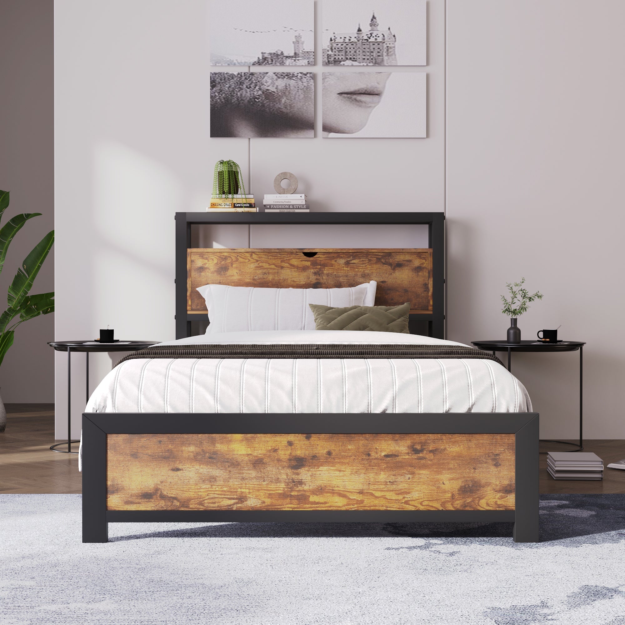Logidon metalen bed 90x200 bruin met opbergruimte hoofdbord industrieel design