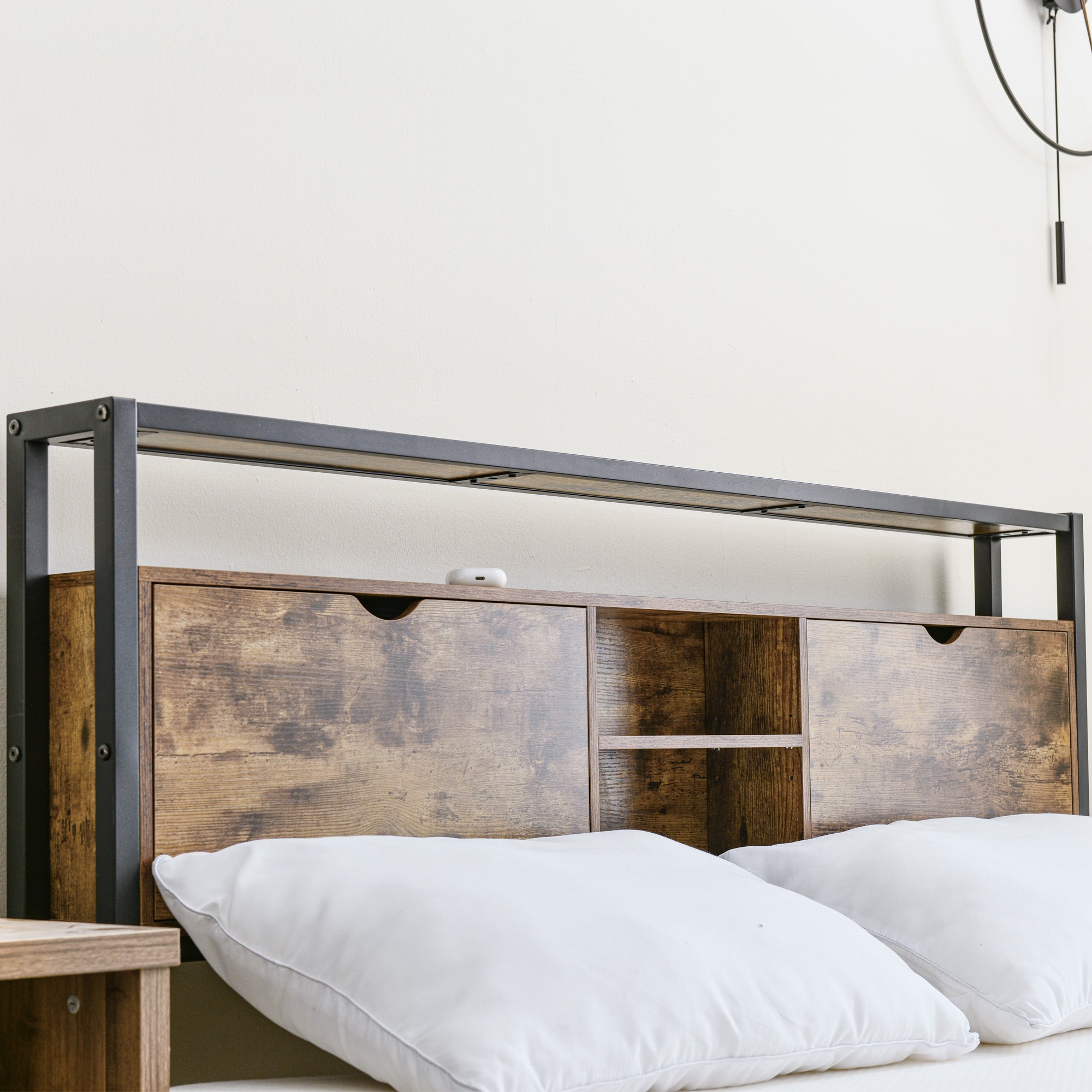 Logidon tweepersoonsbed 140x200 bruin hout metalen frame opbergruimte