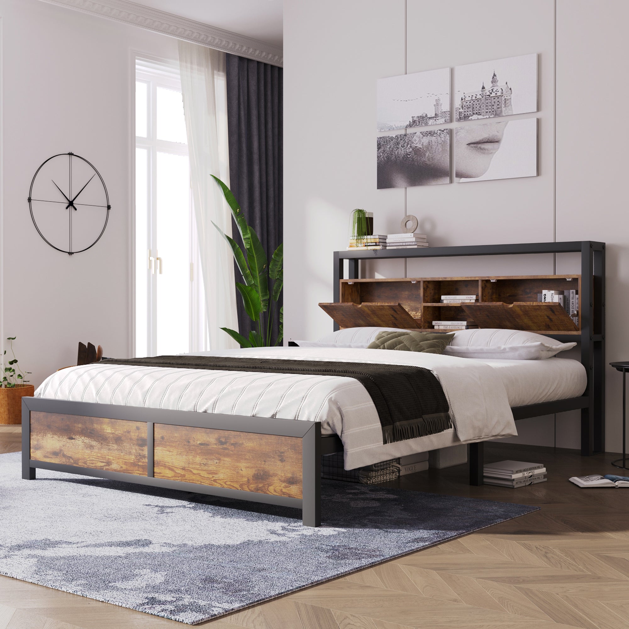 Logidon tweepersoonsbed 140x200 bruin hout metalen frame opbergruimte
