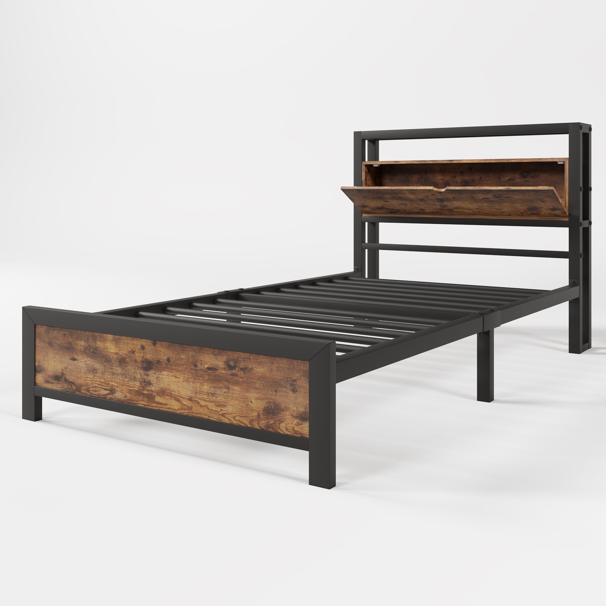 Logidon metalen bed 90x200 bruin met opbergruimte hoofdbord industrieel design