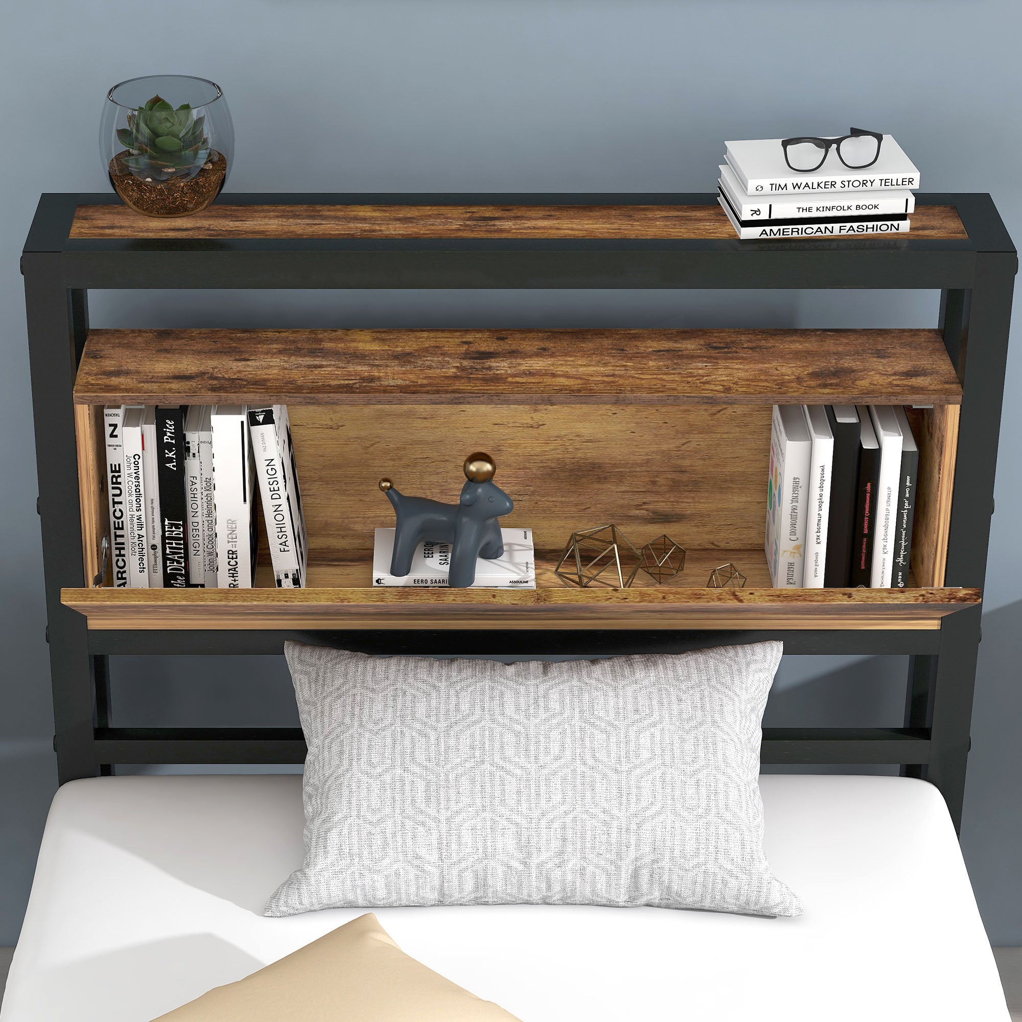 Logidon metalen bed 90x200 bruin met opbergruimte hoofdbord industrieel design