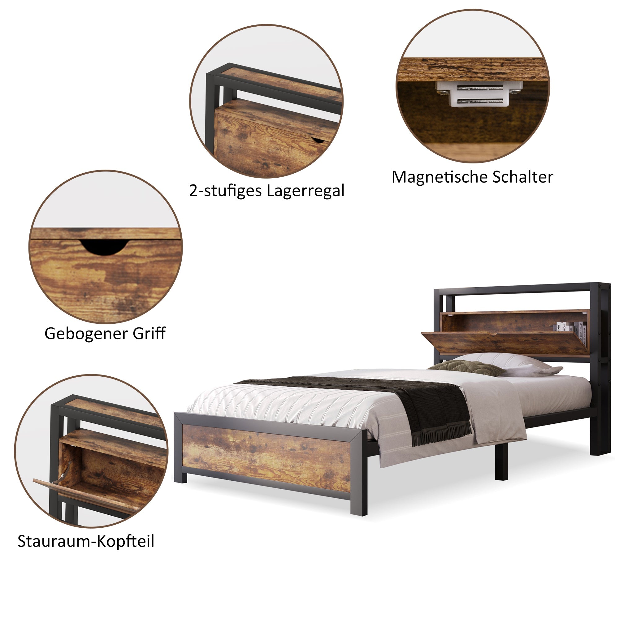 Logidon metalen bed 90x200 bruin met opbergruimte hoofdbord industrieel design