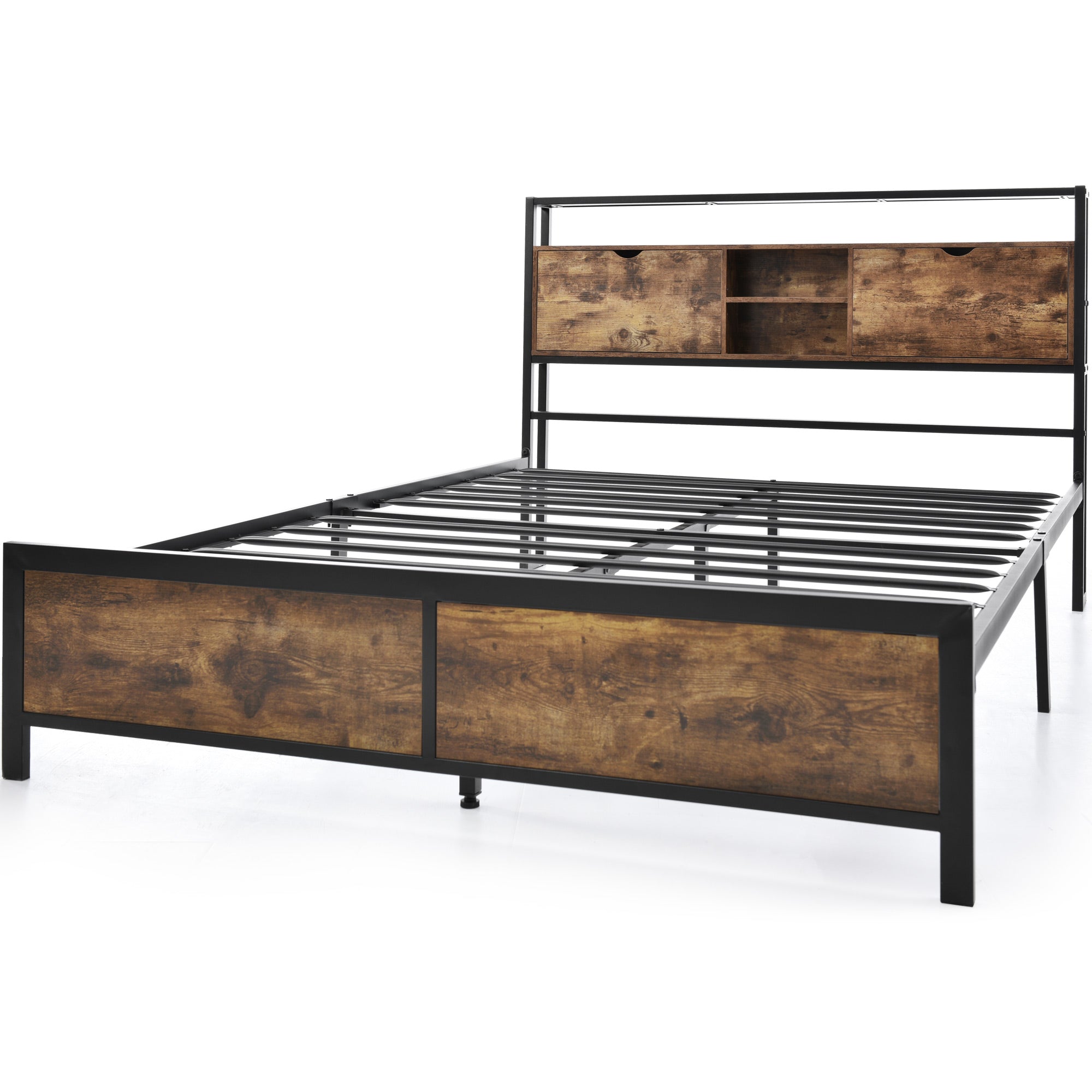 Logidon tweepersoonsbed 140x200 bruin hout metalen frame opbergruimte