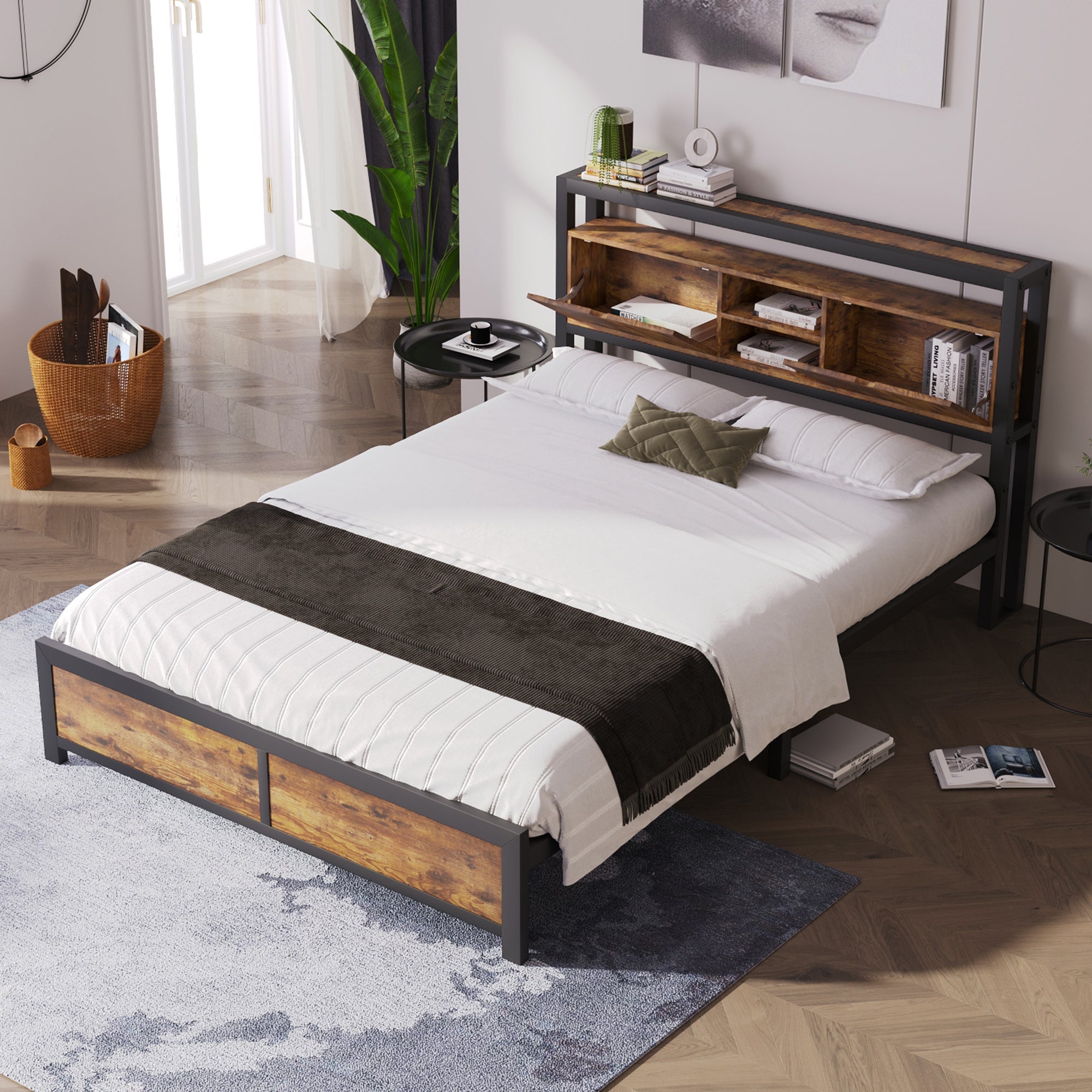 Logidon tweepersoonsbed 140x200 bruin hout metalen frame opbergruimte
