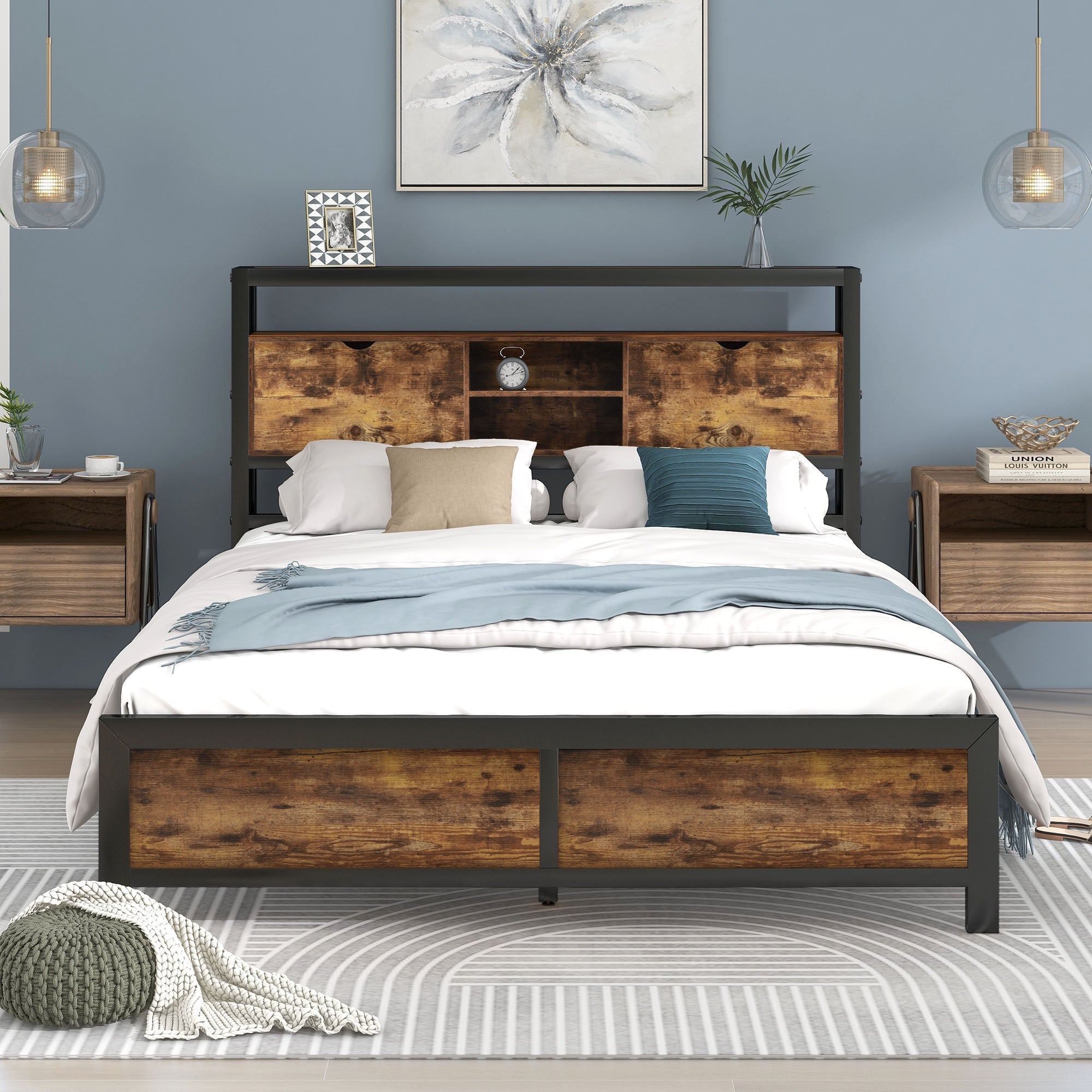 Logidon tweepersoonsbed 140x200 bruin hout metalen frame opbergruimte