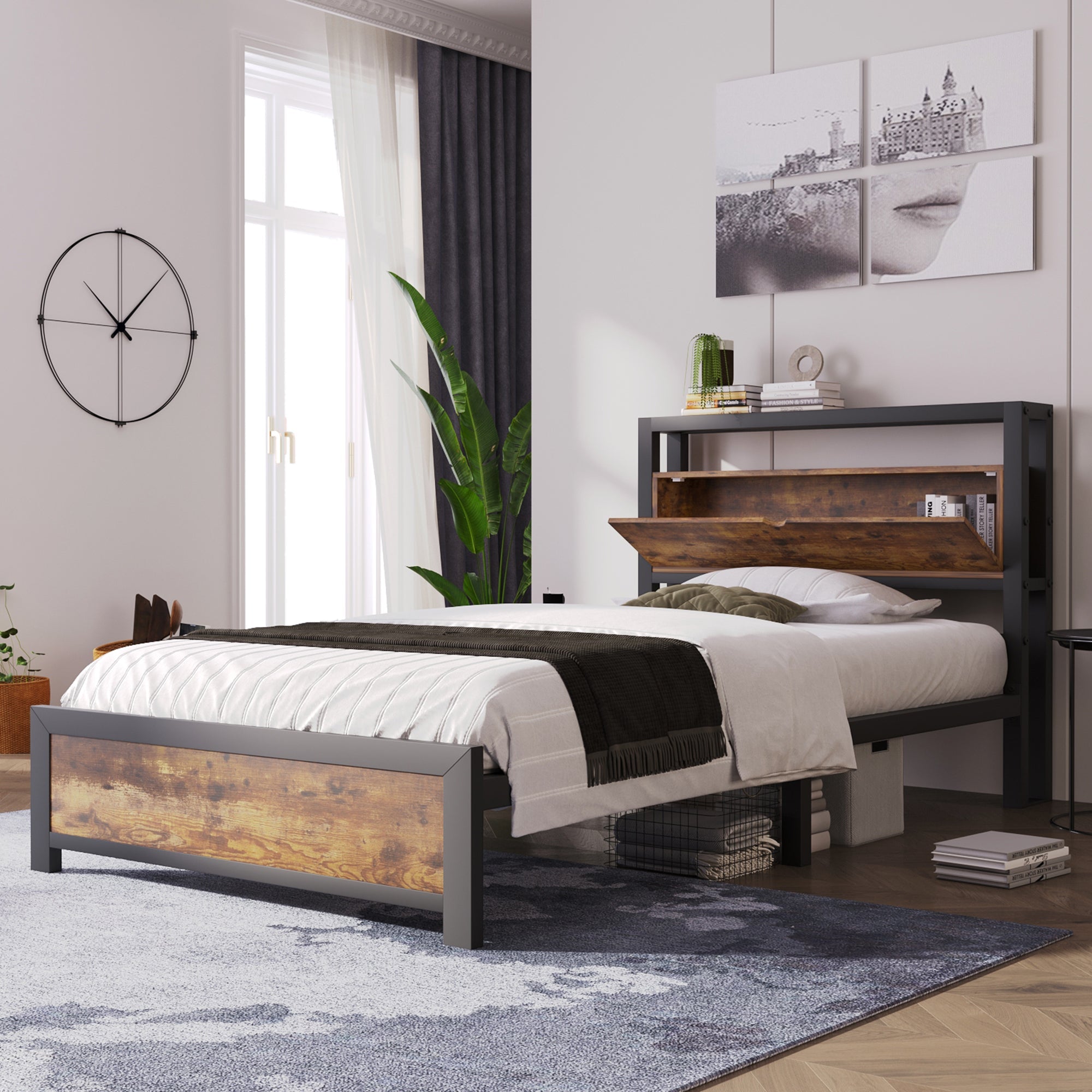 Logidon metalen bed 90x200 bruin met opbergruimte hoofdbord industrieel design