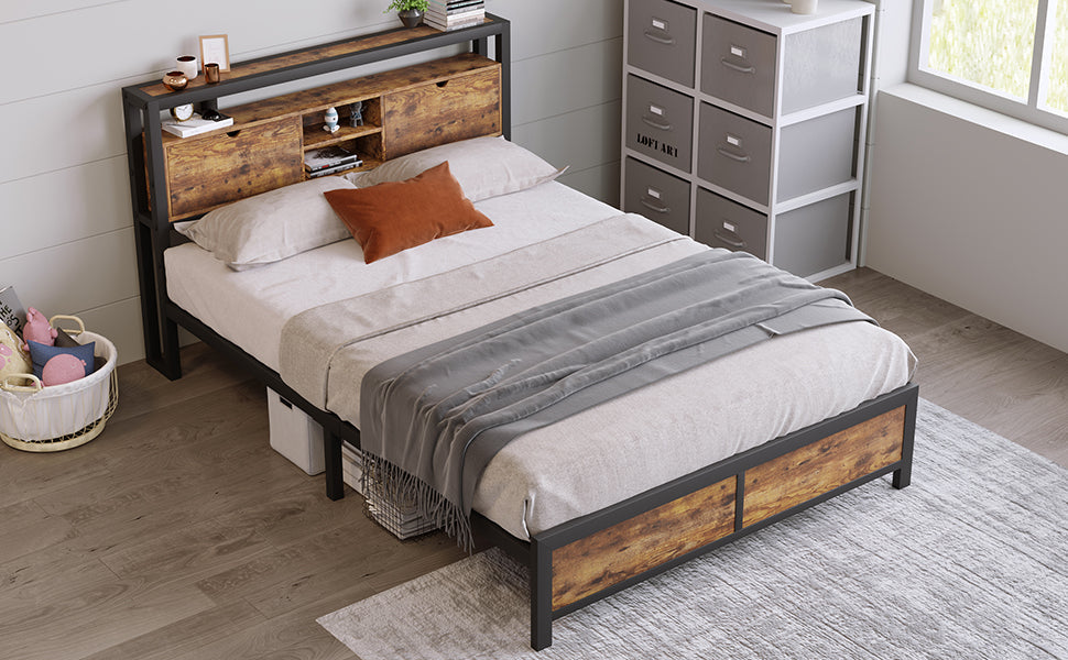 Logidon tweepersoonsbed 140x200 bruin hout metalen frame opbergruimte