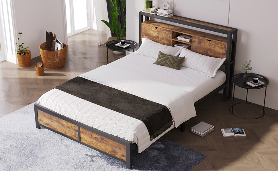Logidon tweepersoonsbed 140x200 bruin hout metalen frame opbergruimte