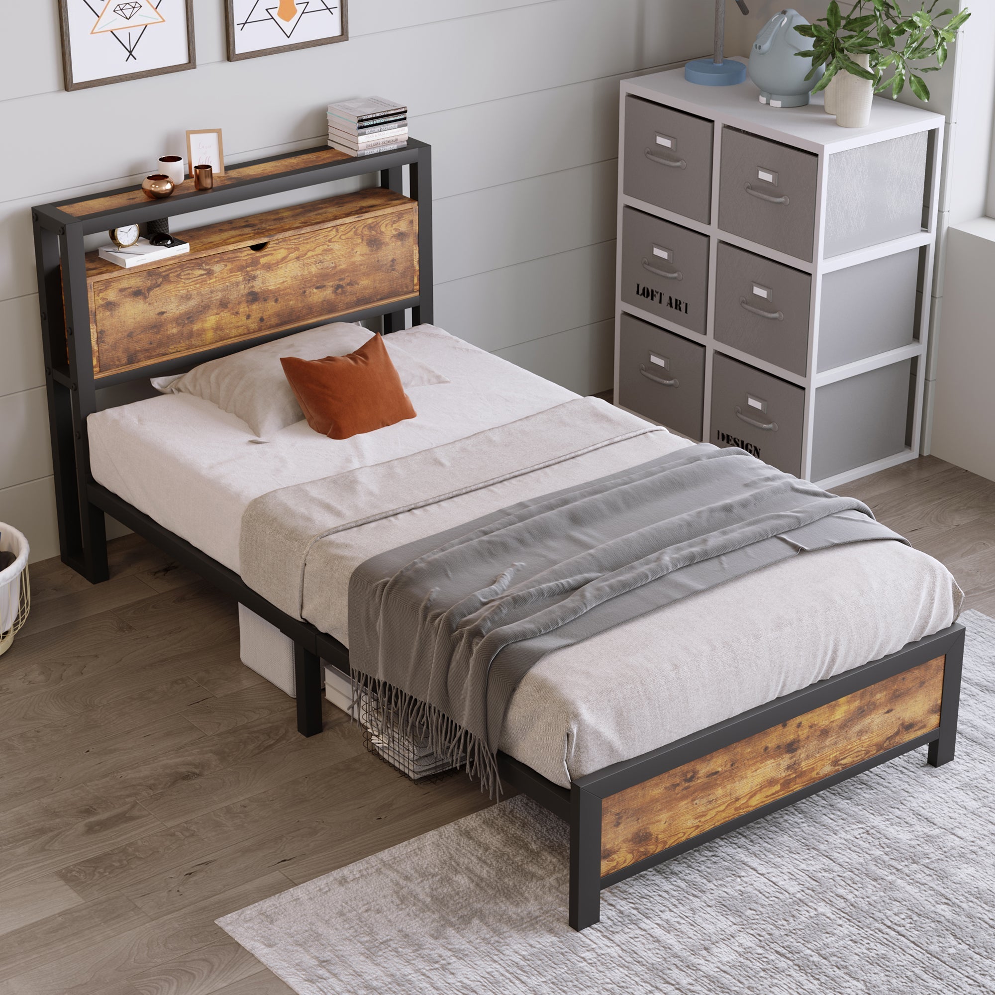 Logidon metalen bed 90x200 bruin met opbergruimte hoofdbord industrieel design