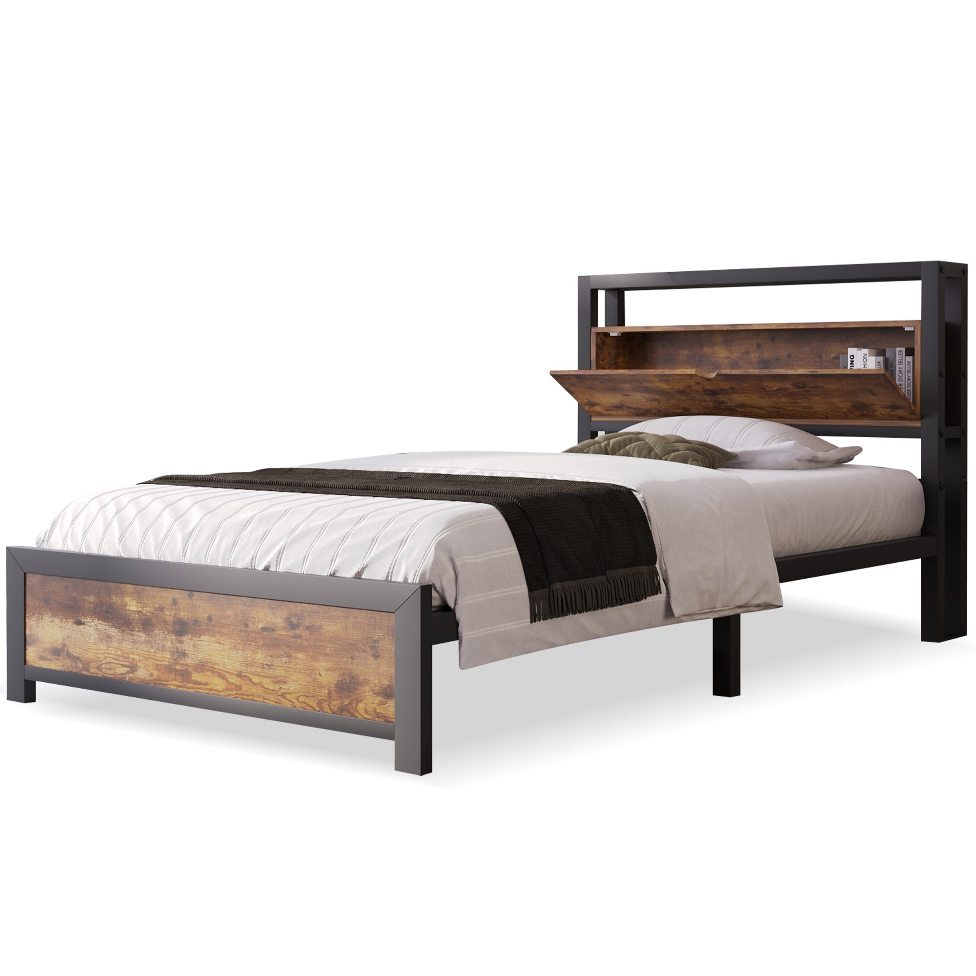 Logidon metalen bed 90x200 bruin met opbergruimte hoofdbord industrieel design