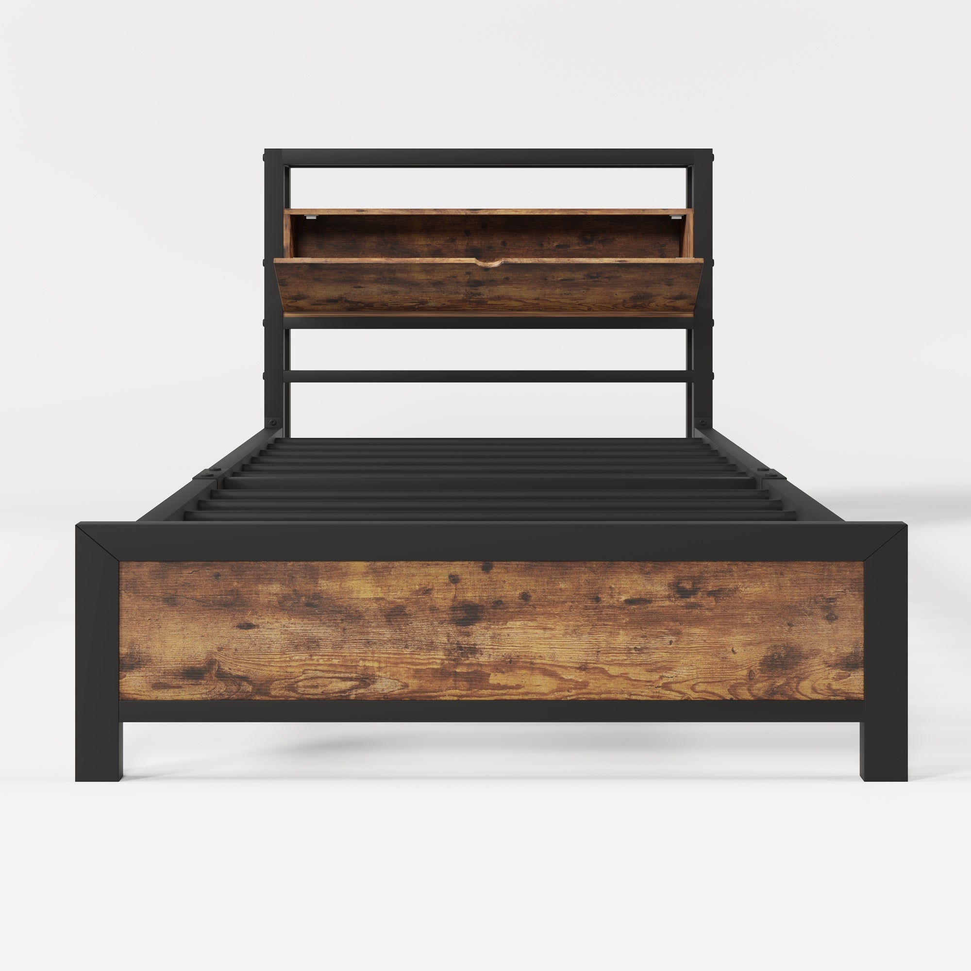 Logidon metalen bed 90x200 bruin met opbergruimte hoofdbord industrieel design