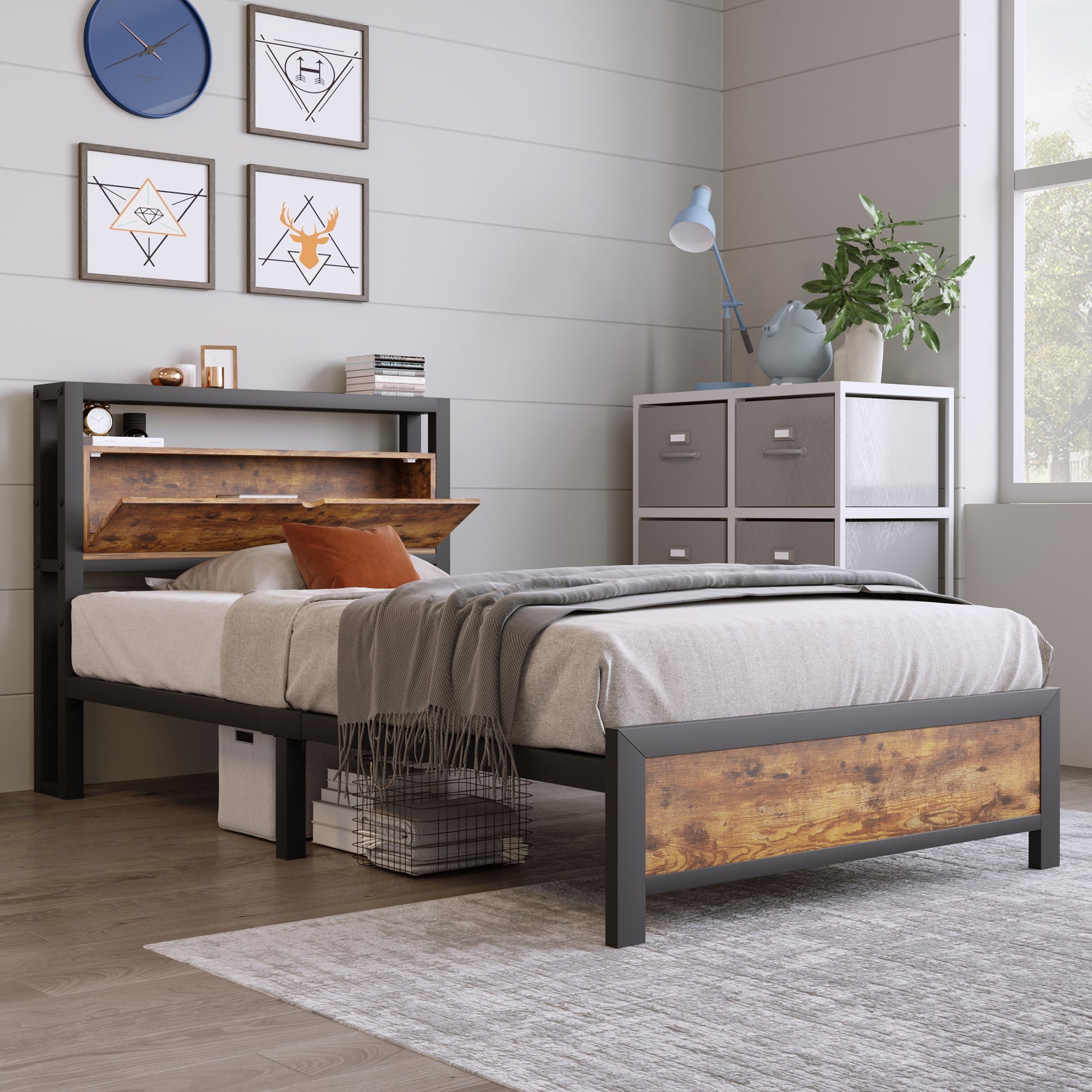 Logidon metalen bed 90x200 bruin met opbergruimte hoofdbord industrieel design