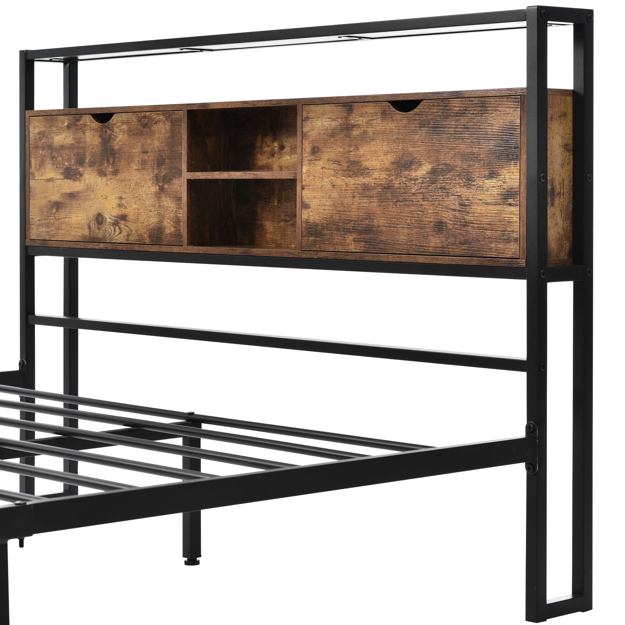 Logidon tweepersoonsbed 140x200 bruin hout metalen frame opbergruimte