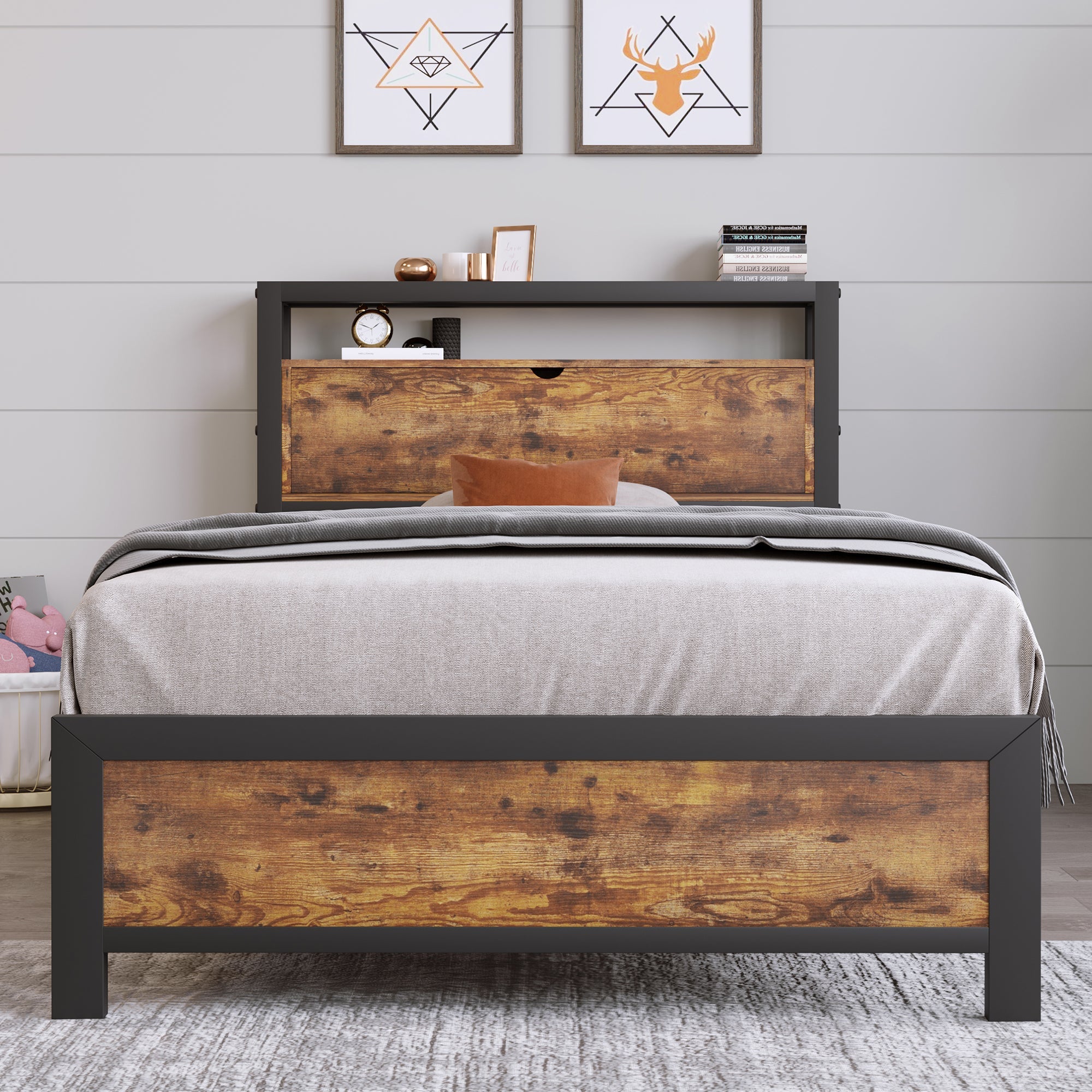 Logidon metalen bed 90x200 bruin met opbergruimte hoofdbord industrieel design