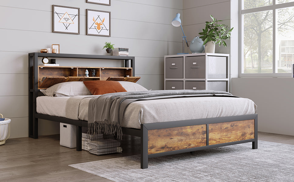 Logidon tweepersoonsbed 140x200 bruin hout metalen frame opbergruimte