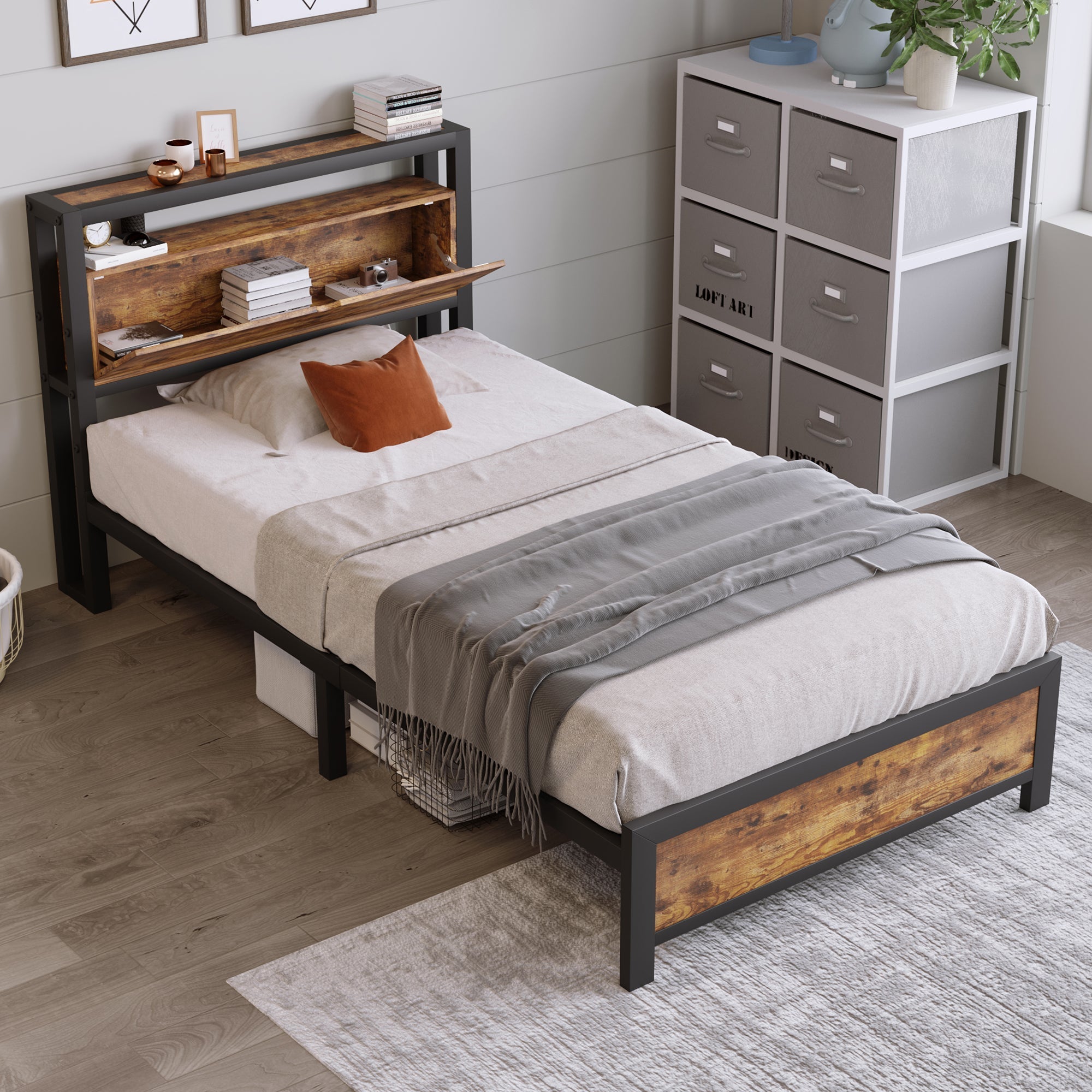 Logidon metalen bed 90x200 bruin met opbergruimte hoofdbord industrieel design