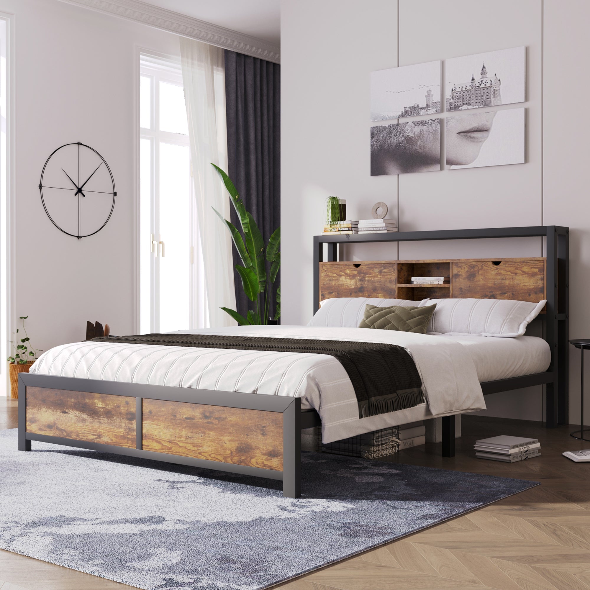 Logidon tweepersoonsbed 140x200 bruin hout metalen frame opbergruimte