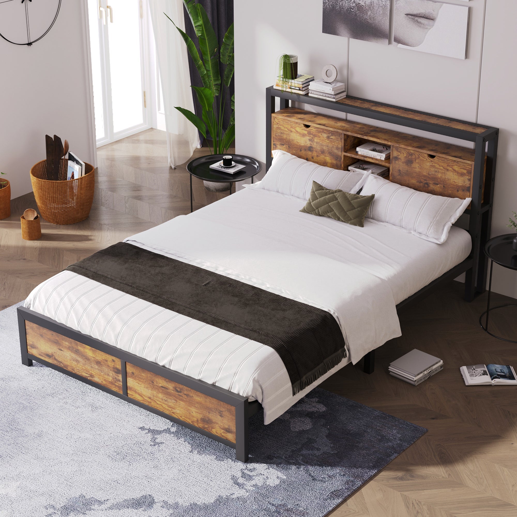 Logidon tweepersoonsbed 140x200 bruin hout metalen frame opbergruimte