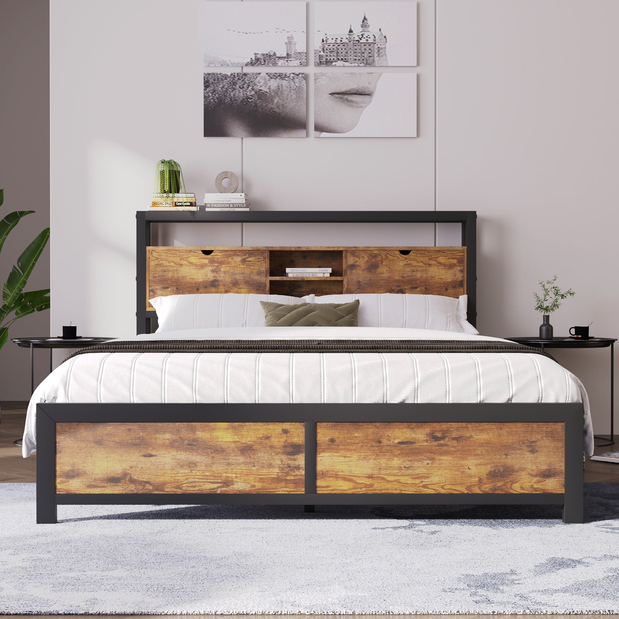 Logidon tweepersoonsbed 140x200 bruin hout metalen frame opbergruimte