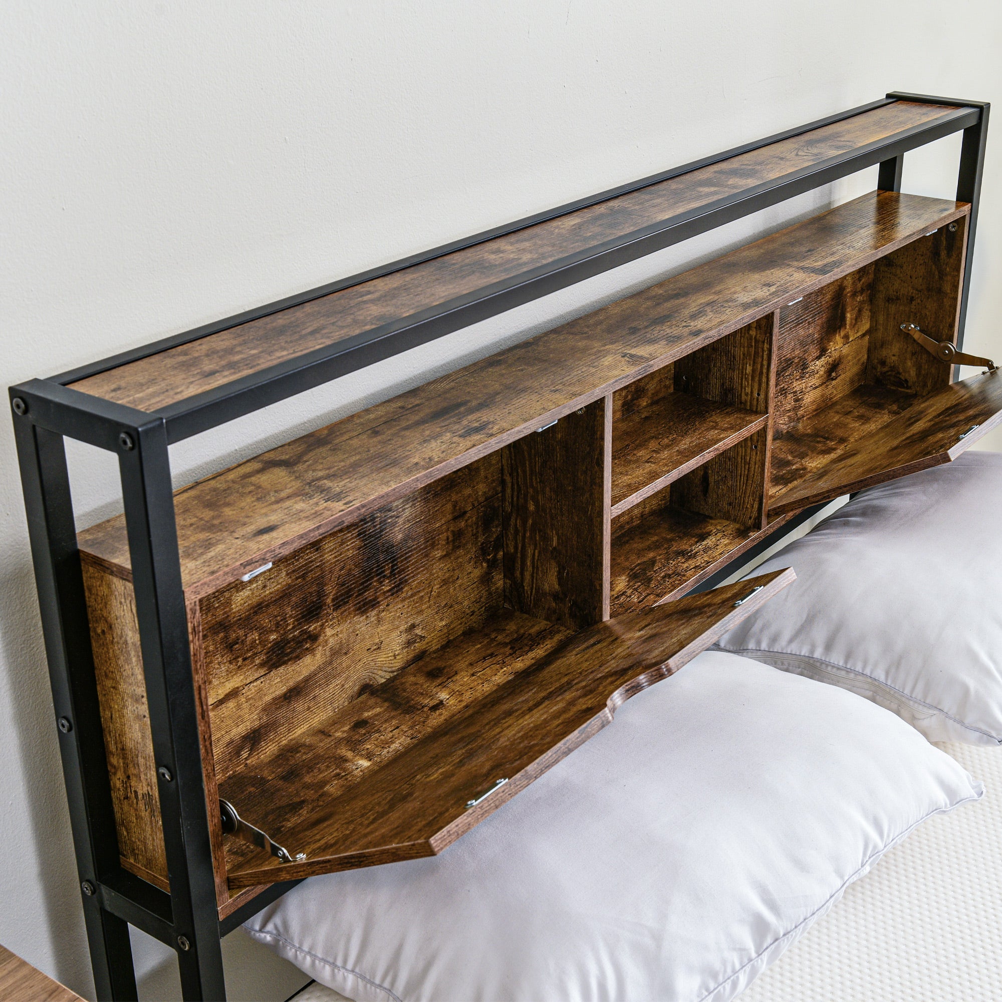 Logidon tweepersoonsbed 140x200 bruin hout metalen frame opbergruimte