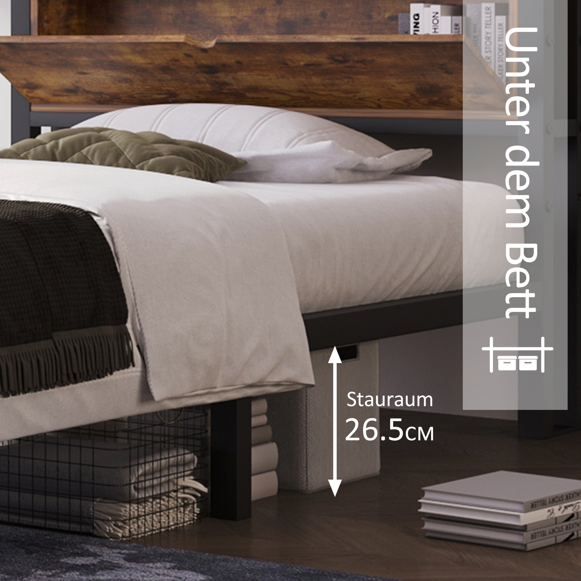 Logidon metalen bed 90x200 bruin met opbergruimte hoofdbord industrieel design