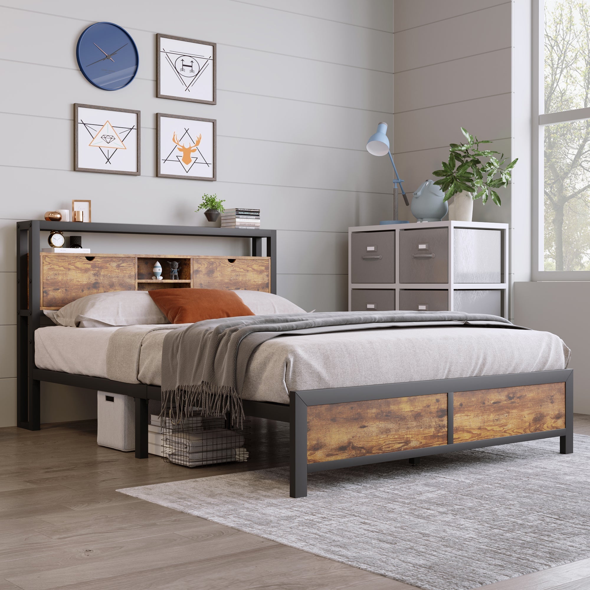 Logidon tweepersoonsbed 140x200 bruin hout metalen frame opbergruimte
