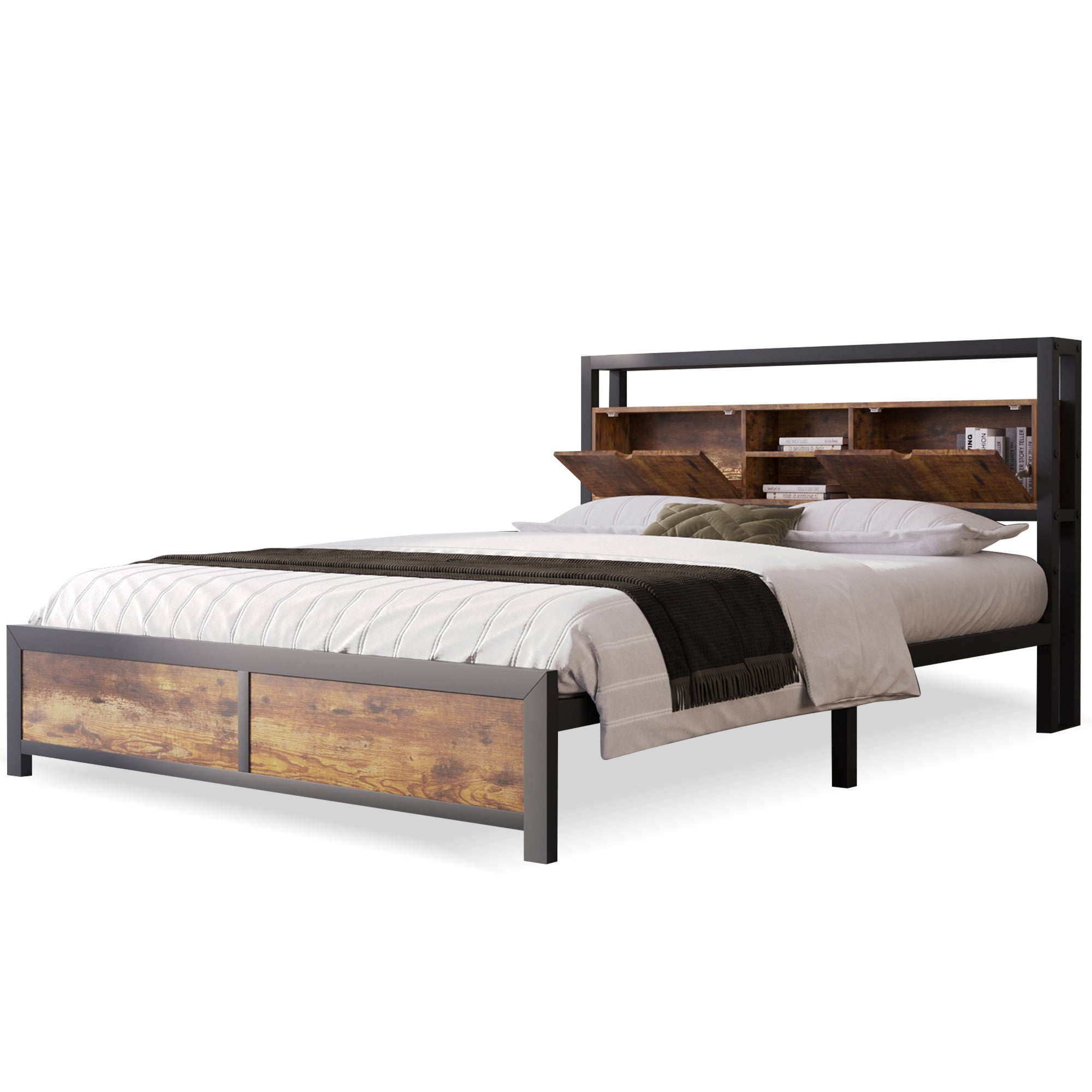 Logidon tweepersoonsbed 140x200 bruin hout metalen frame opbergruimte