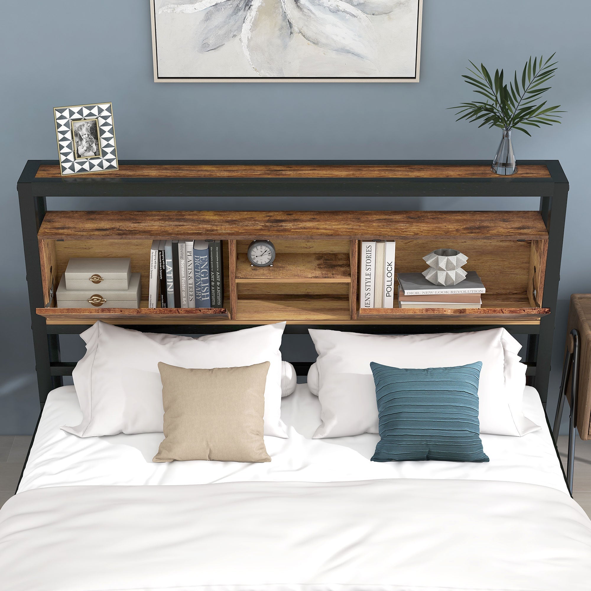 Logidon tweepersoonsbed 140x200 bruin hout metalen frame opbergruimte