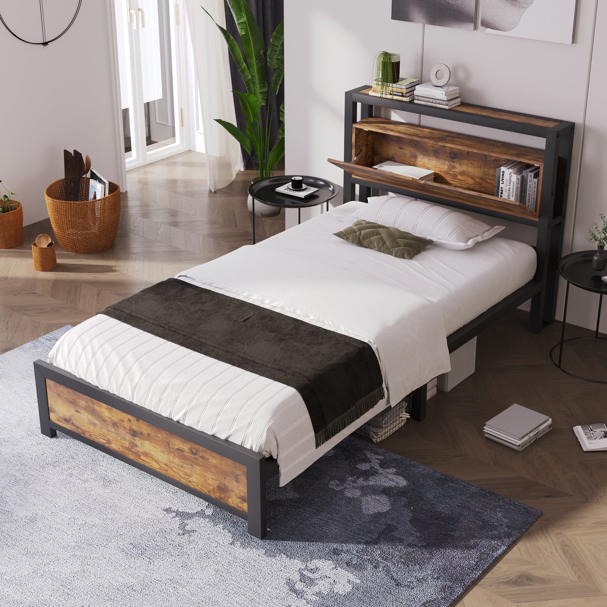 Logidon metalen bed 90x200 bruin met opbergruimte hoofdbord industrieel design