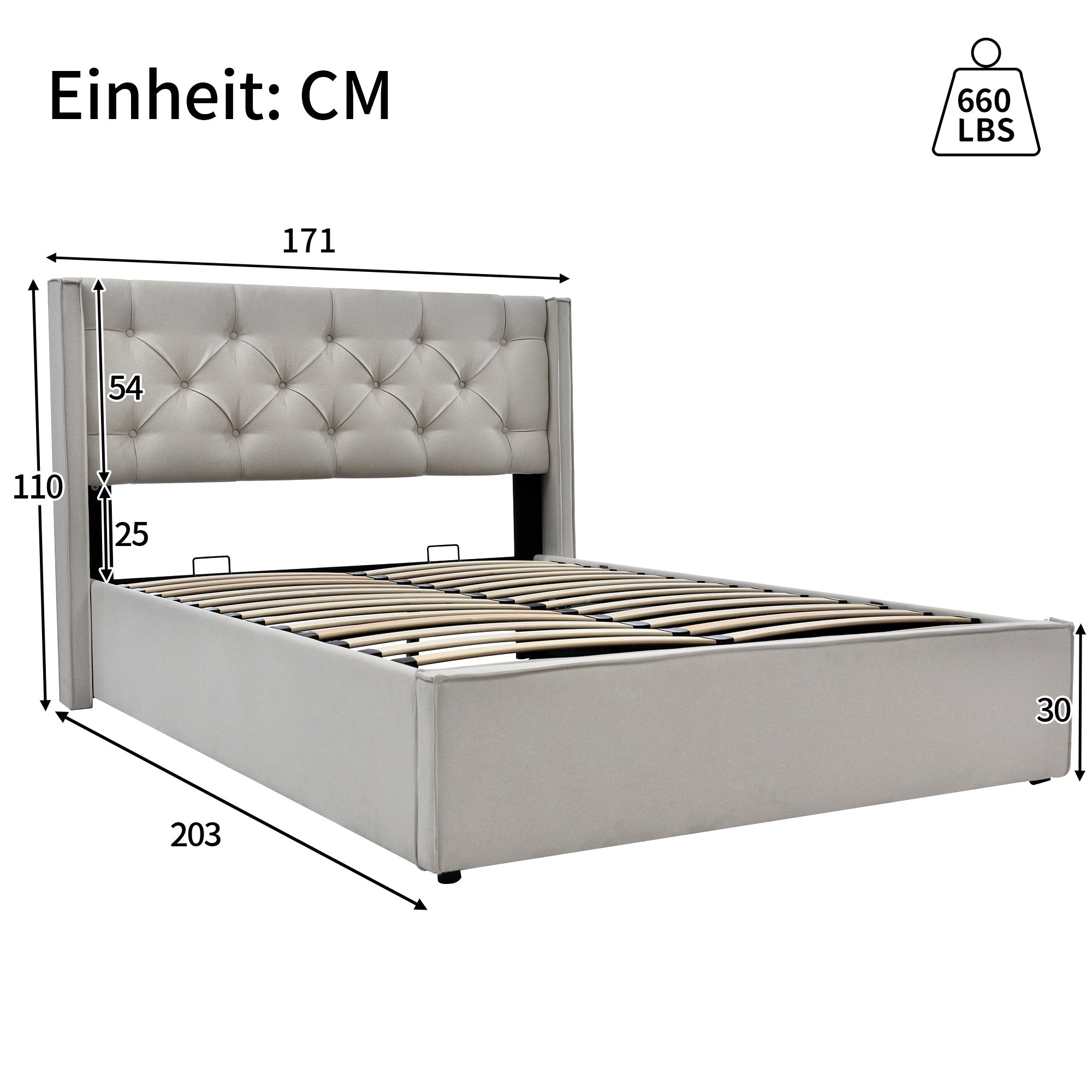 Logidon Hydraulisch gestoffeerd bed 160x200 cm met opbergruimte lichtgrijs