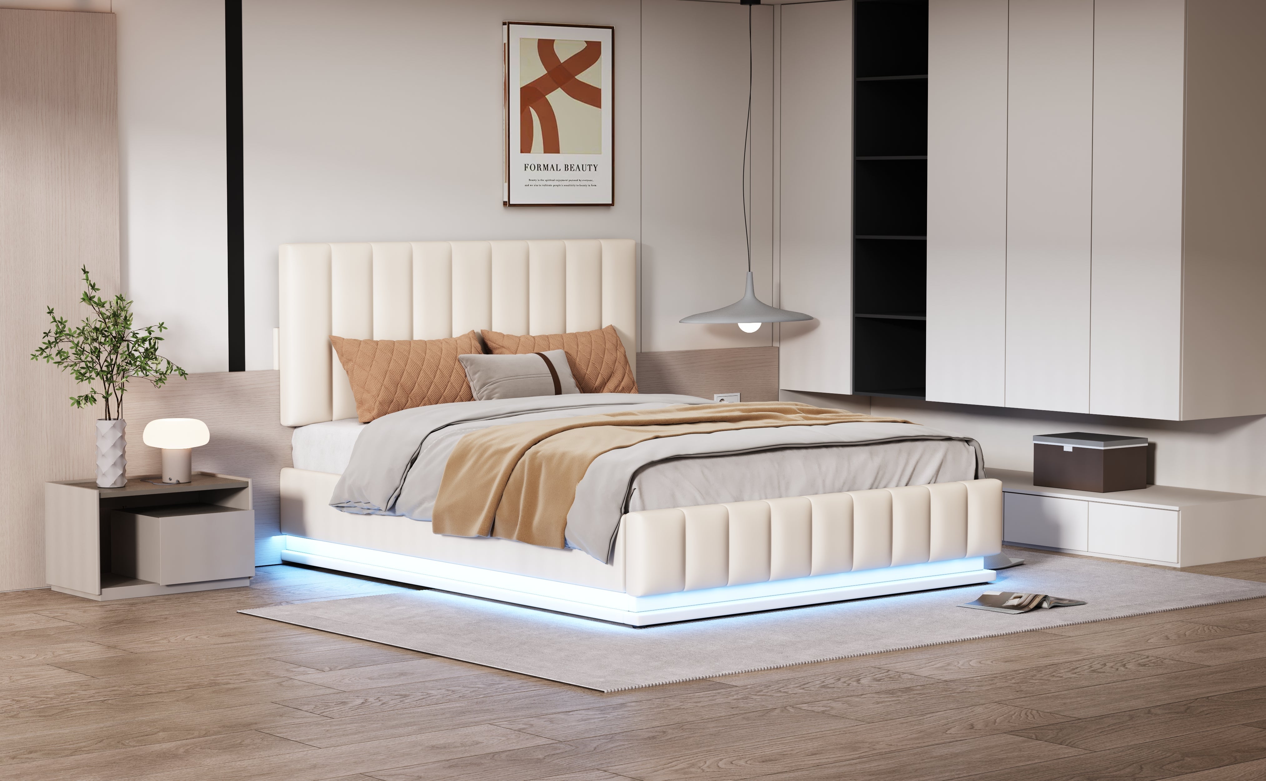 Logidon gestoffeerd bed 140x200 cm met LED bedkast verstelbaar hoofdbord wit