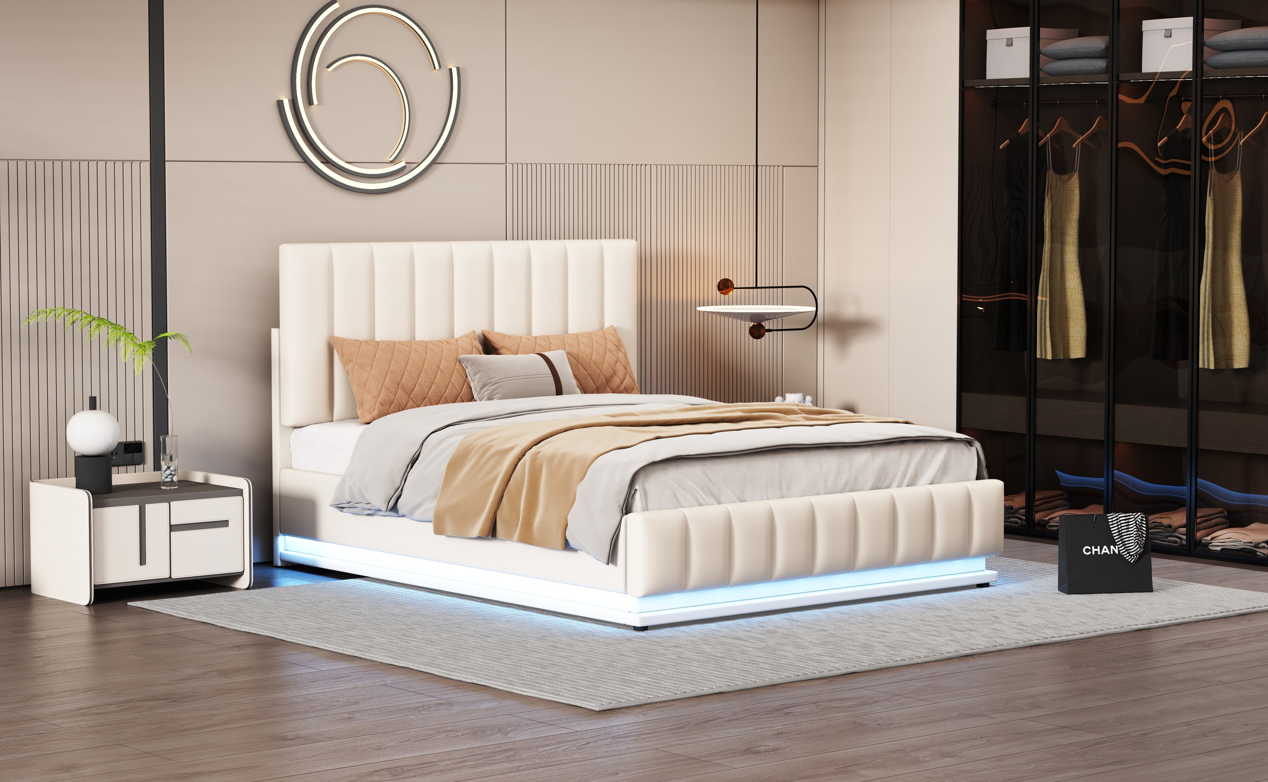 Logidon gestoffeerd bed 140x200 cm met LED bedkast verstelbaar hoofdbord wit