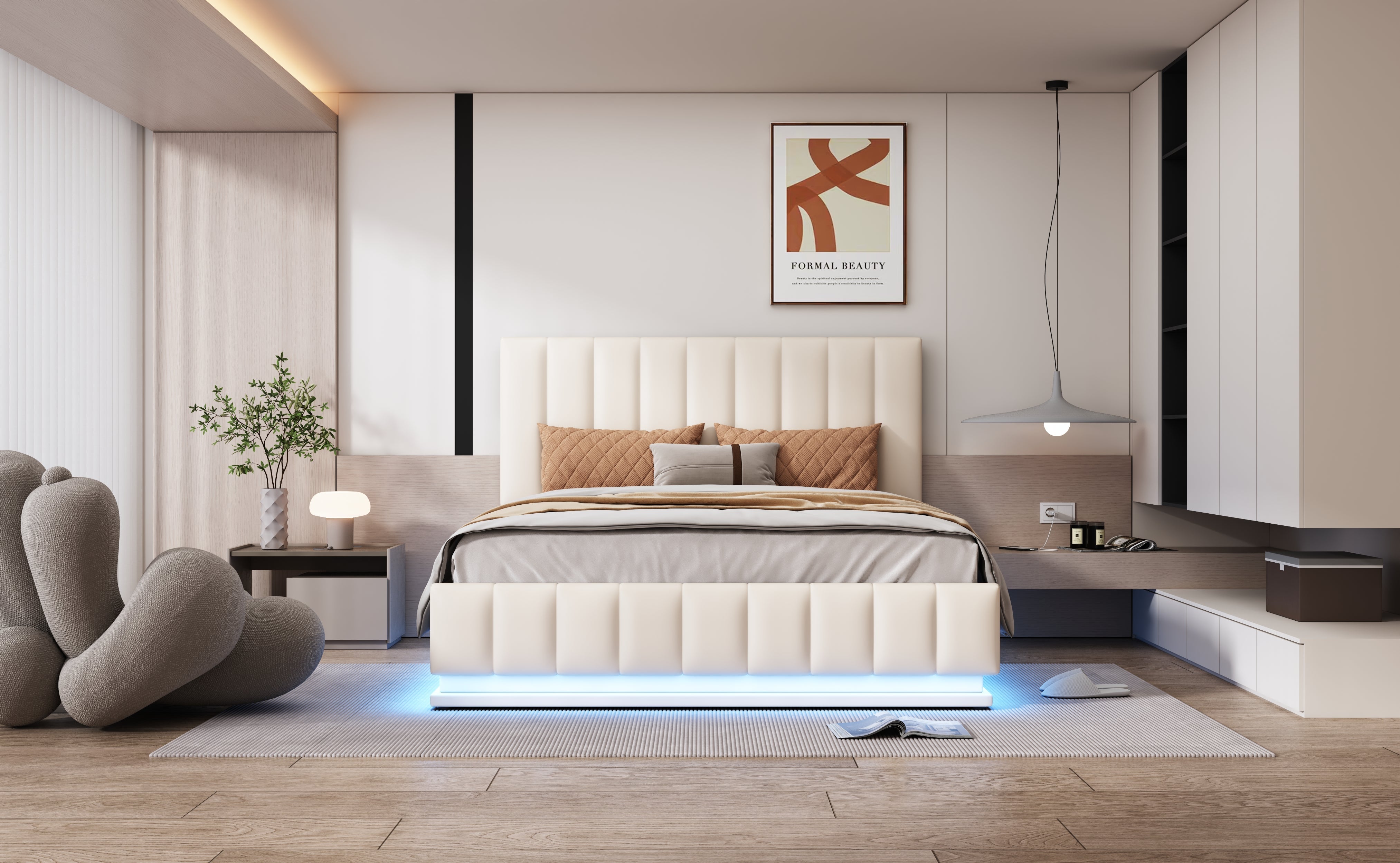 Logidon gestoffeerd bed 140x200 cm met LED bedkast verstelbaar hoofdbord wit
