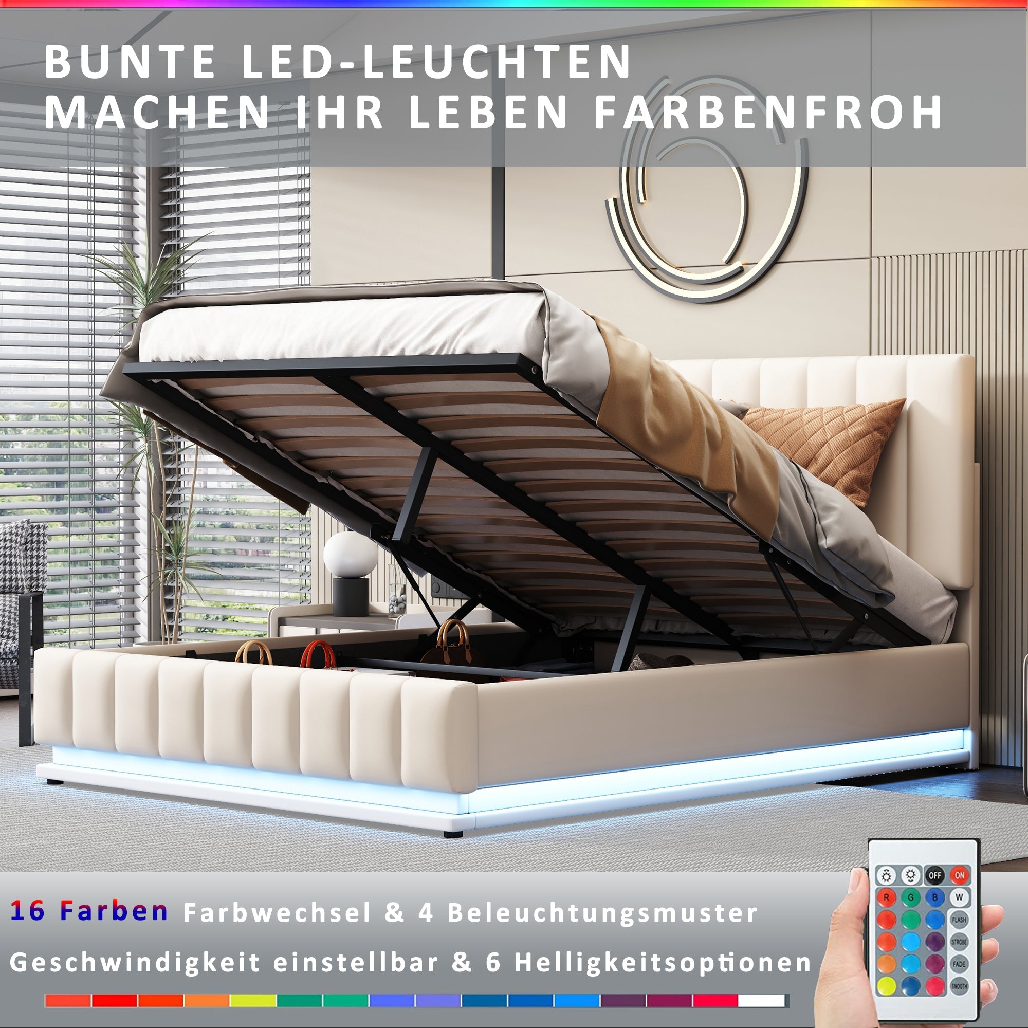 Logidon gestoffeerd bed 140x200 cm met LED bedkast verstelbaar hoofdbord wit