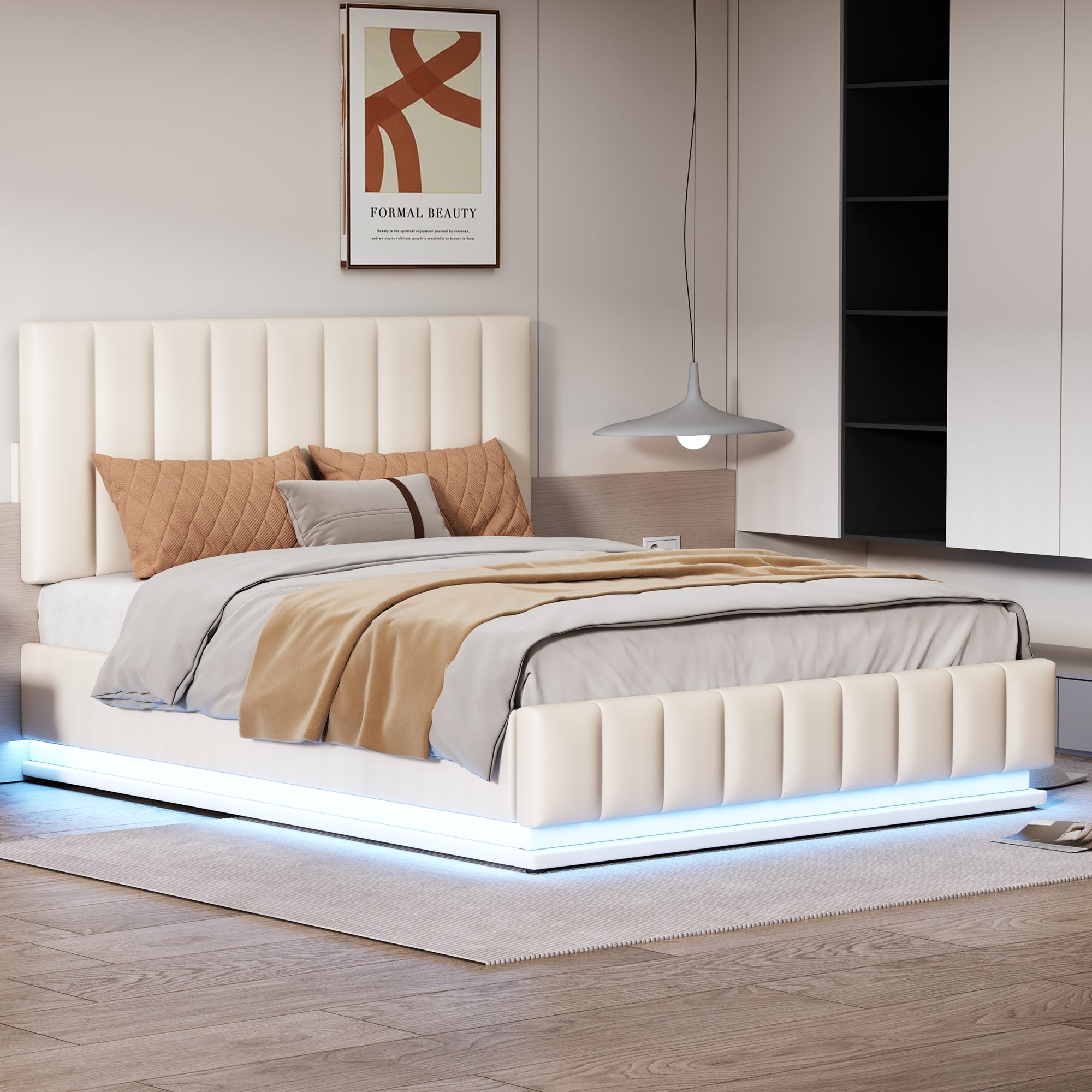 Logidon gestoffeerd bed 140x200 cm met LED bedkast verstelbaar hoofdbord wit