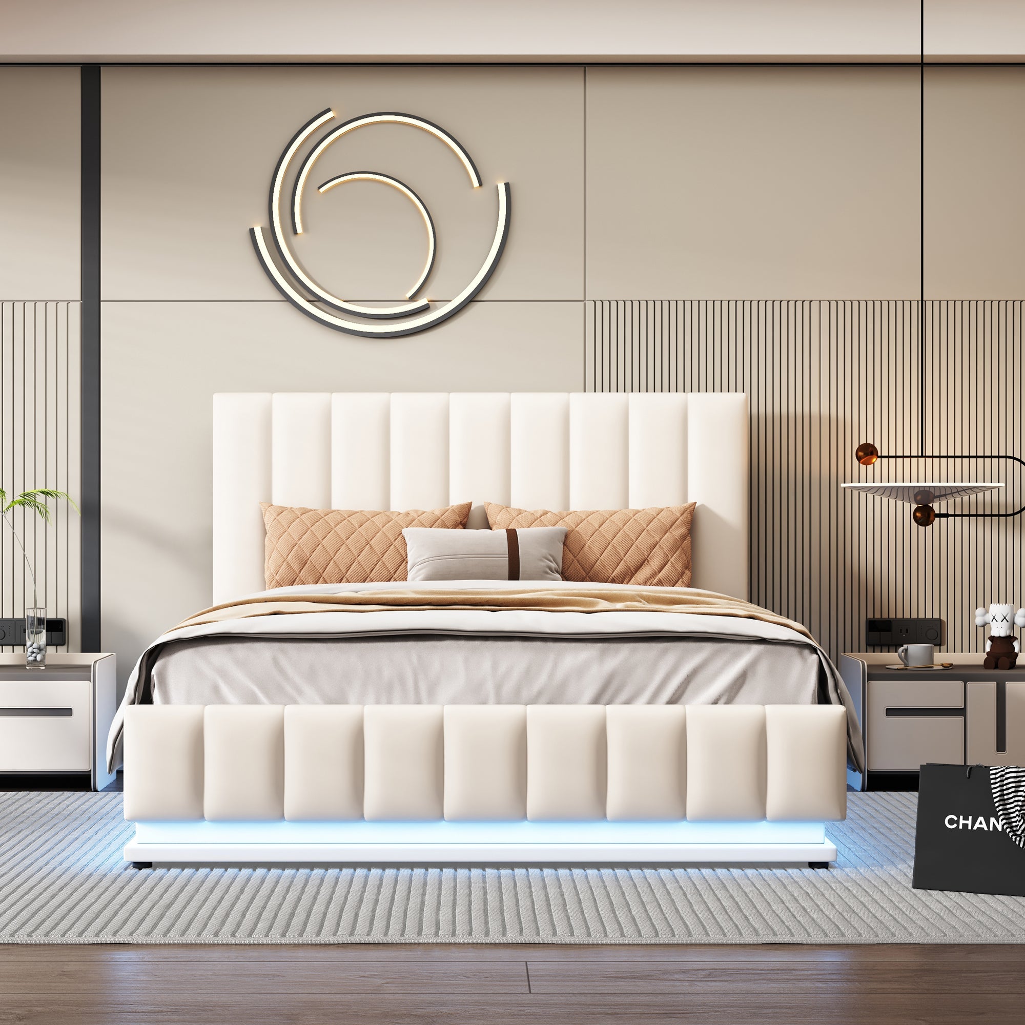 Logidon gestoffeerd bed 140x200 cm met LED bedkast verstelbaar hoofdbord wit