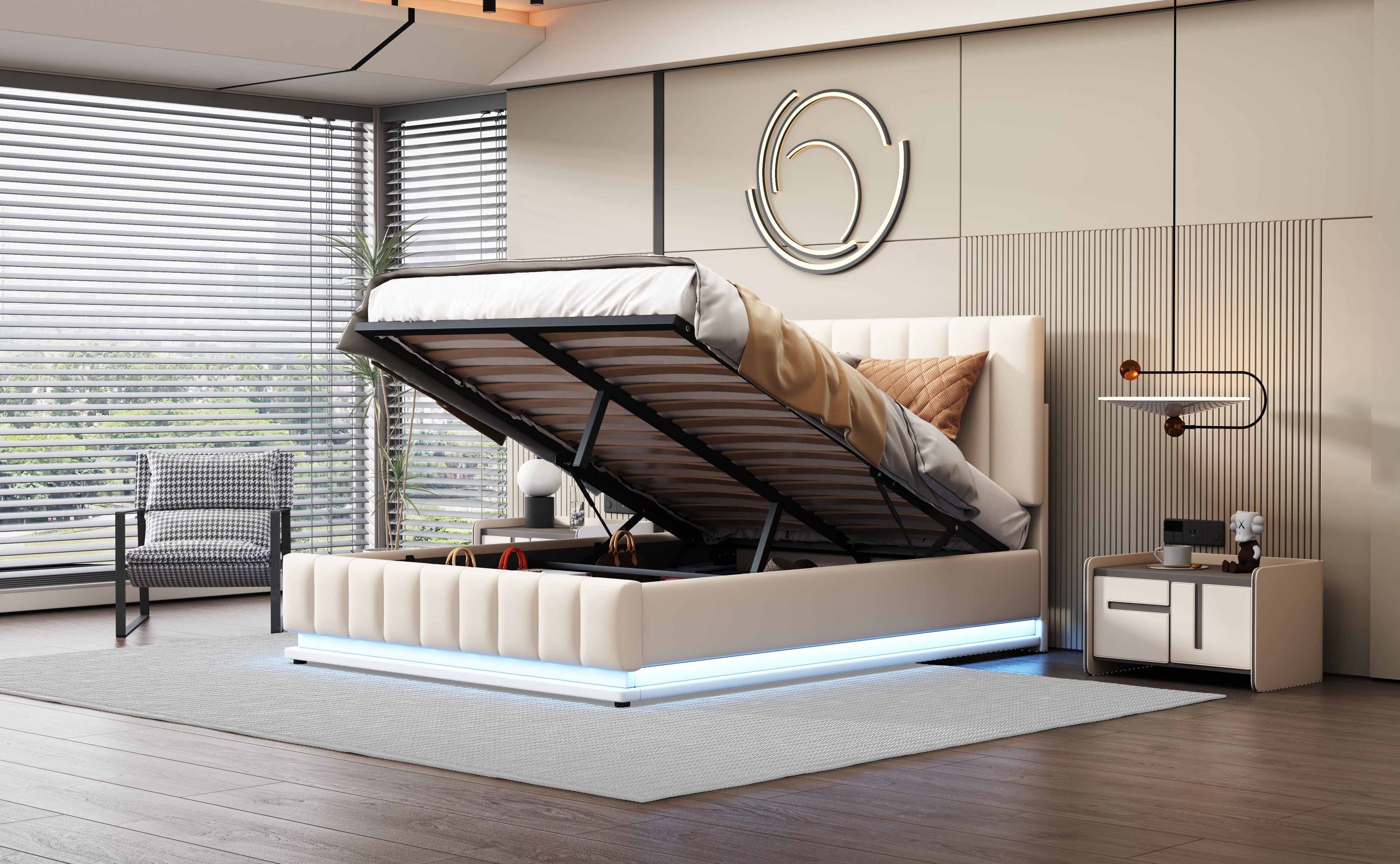 Logidon gestoffeerd bed 140x200 cm met LED bedkast verstelbaar hoofdbord wit