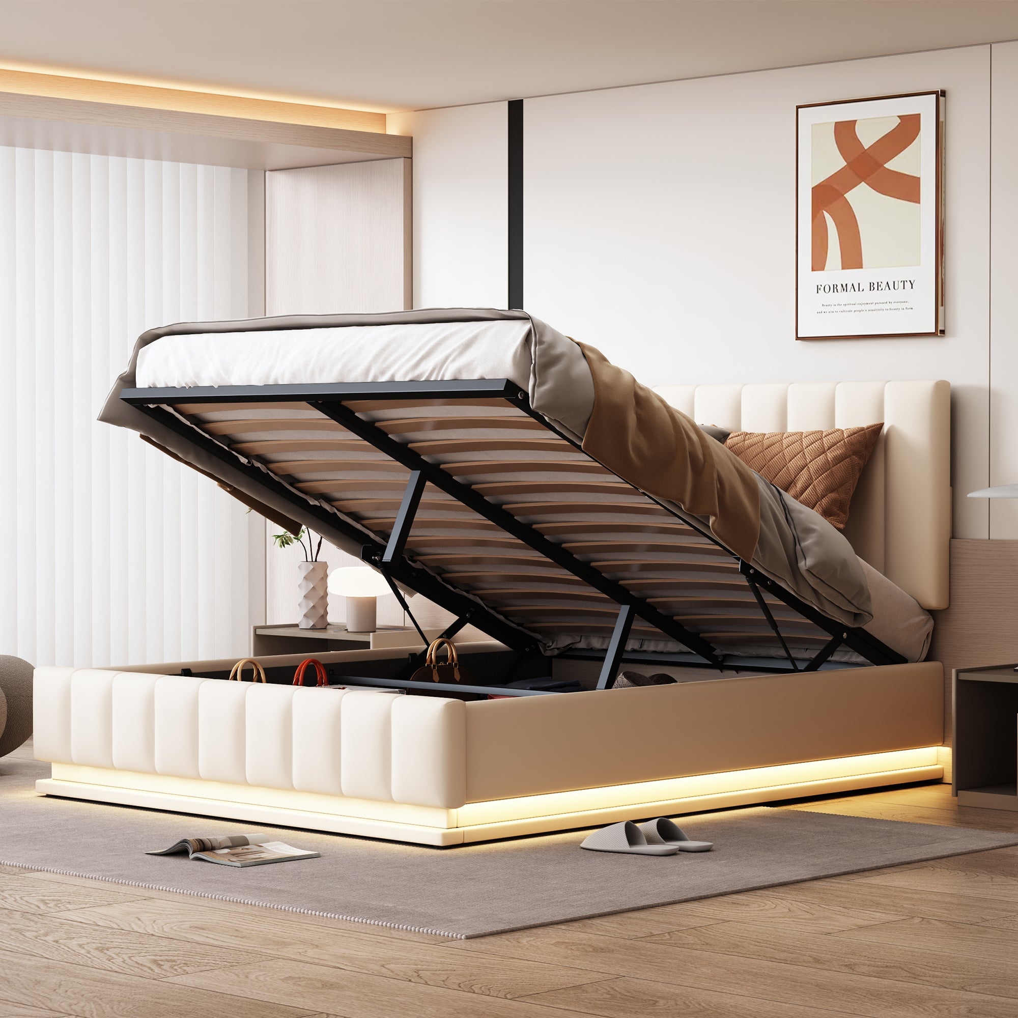 Logidon gestoffeerd bed 140x200 cm met LED bedkast verstelbaar hoofdbord wit