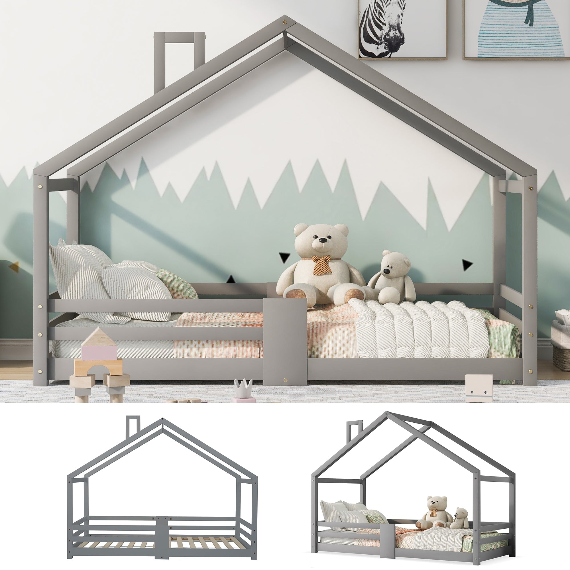 Logidon kinderbed huisbed met schouw grijs 90x200 cm