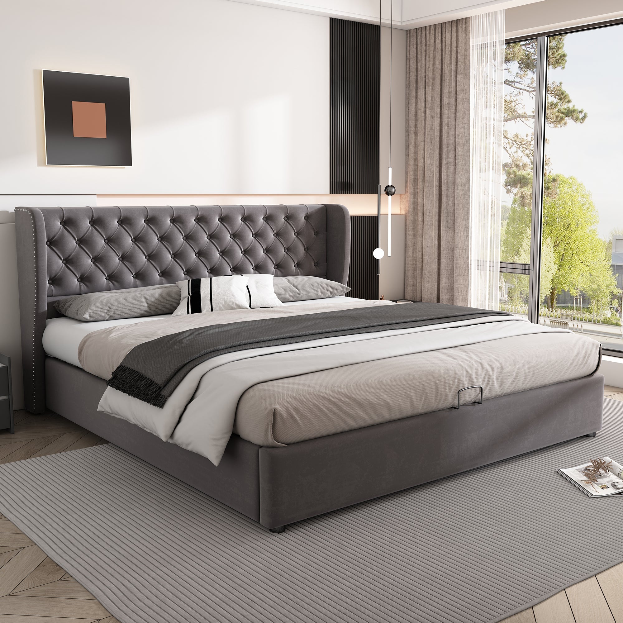 Logidon gestoffeerd bed oorvorm fluweel grijs grote knoopnaden 180x200