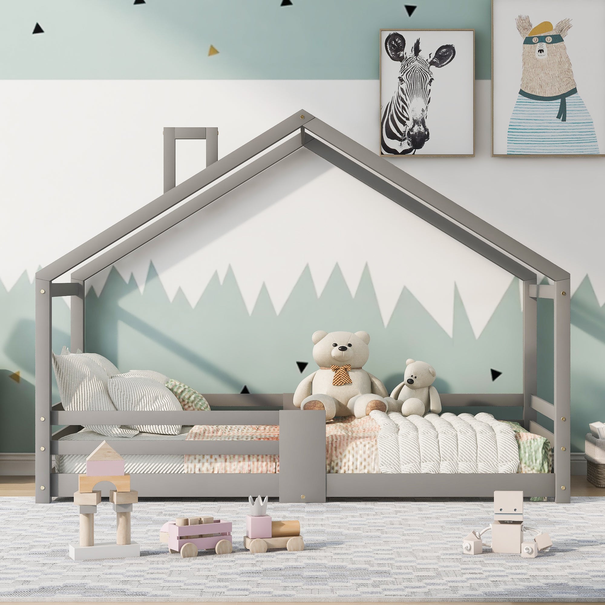 Logidon kinderbed huisbed met schouw grijs 90x200 cm