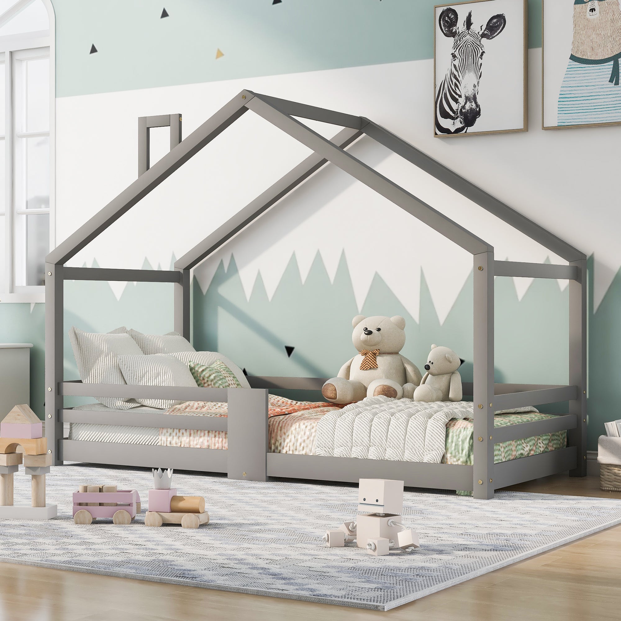 Logidon kinderbed huisbed met schouw grijs 90x200 cm